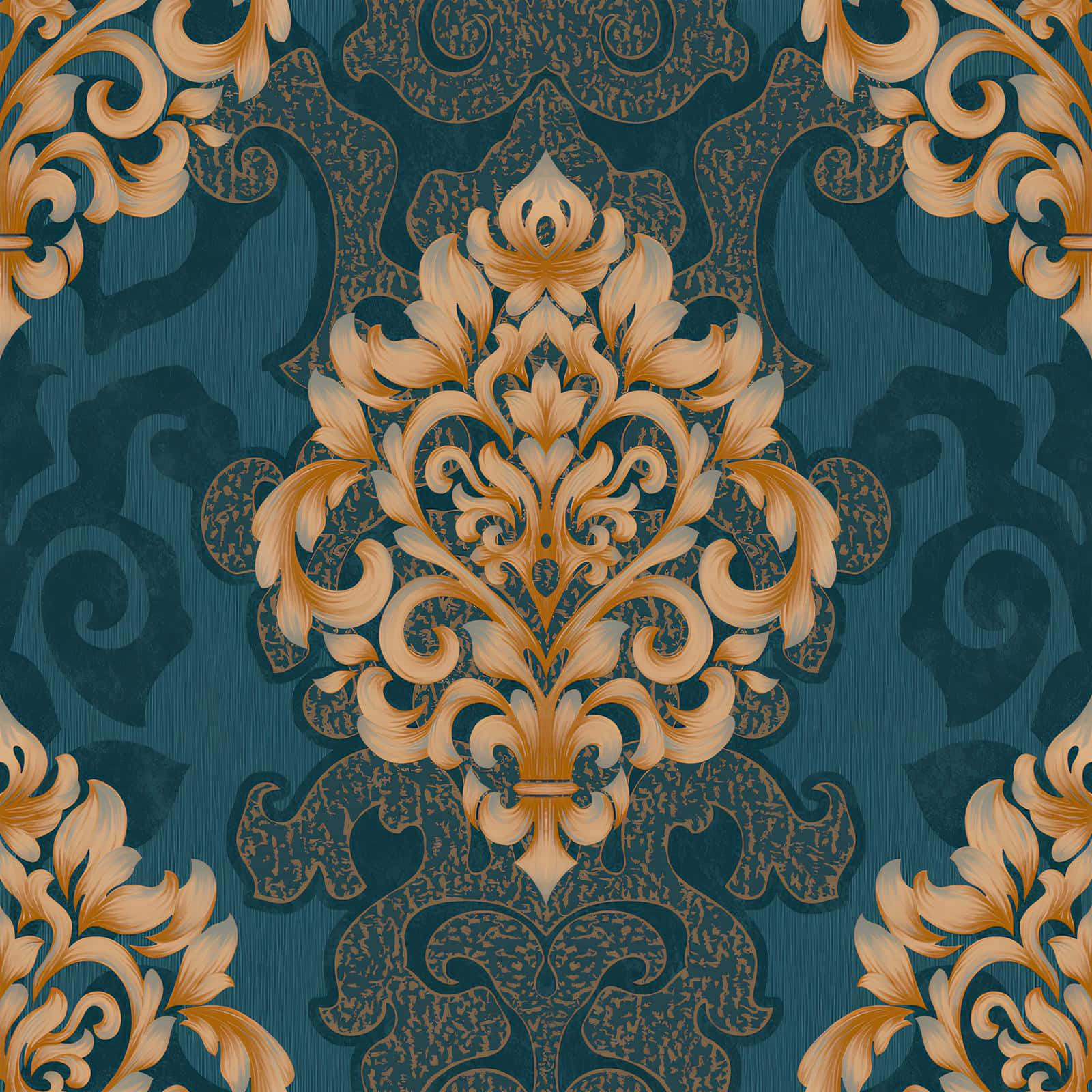 elegant blue damask pattern, golden floral motifs, textured teal background, HD Desktop Wallpaper