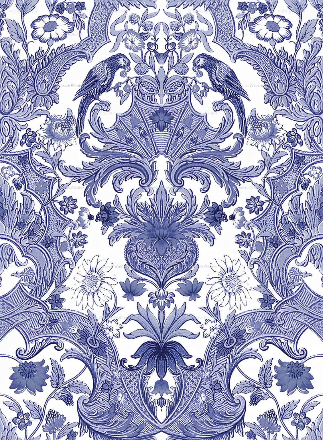 blue damask pattern, birds, symmetrical floral vines, HD Phone Wallpaper