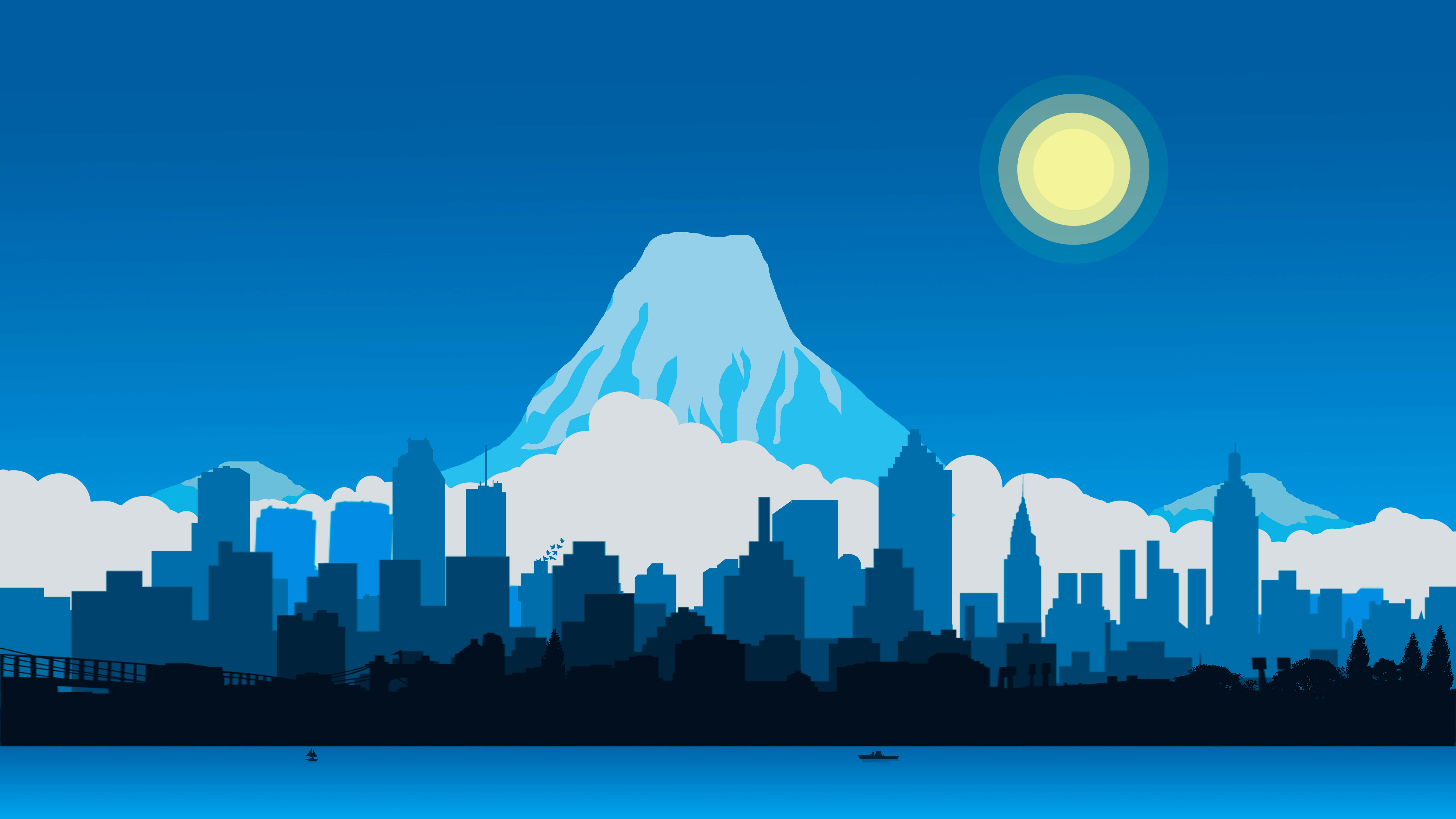 cityscape, snow-capped mountain, glowing moon, 8K Desktop Wallpaper