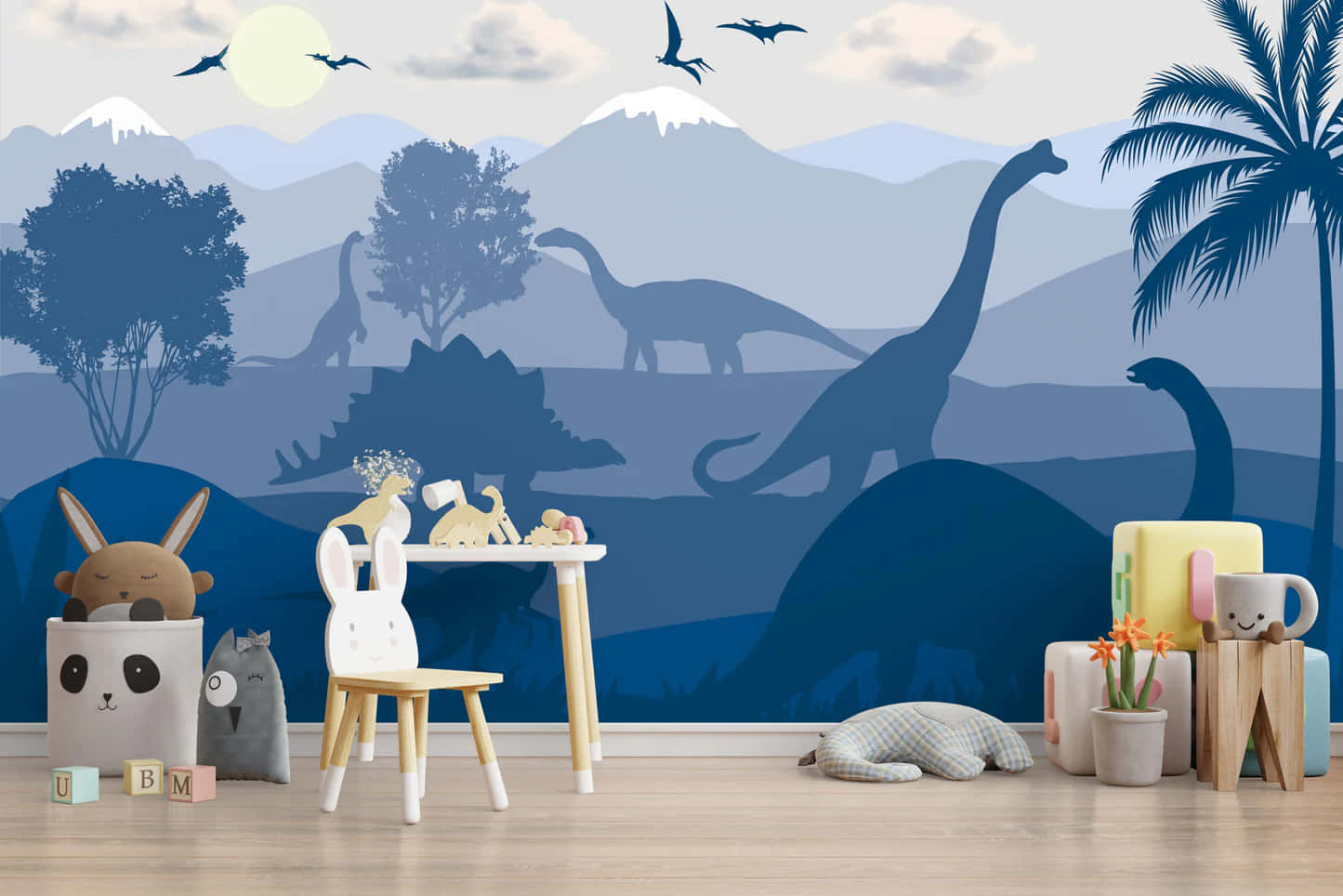 childrens room, blue dinosaur-themed wallpaper, mountains, HD Desktop Wallpaper