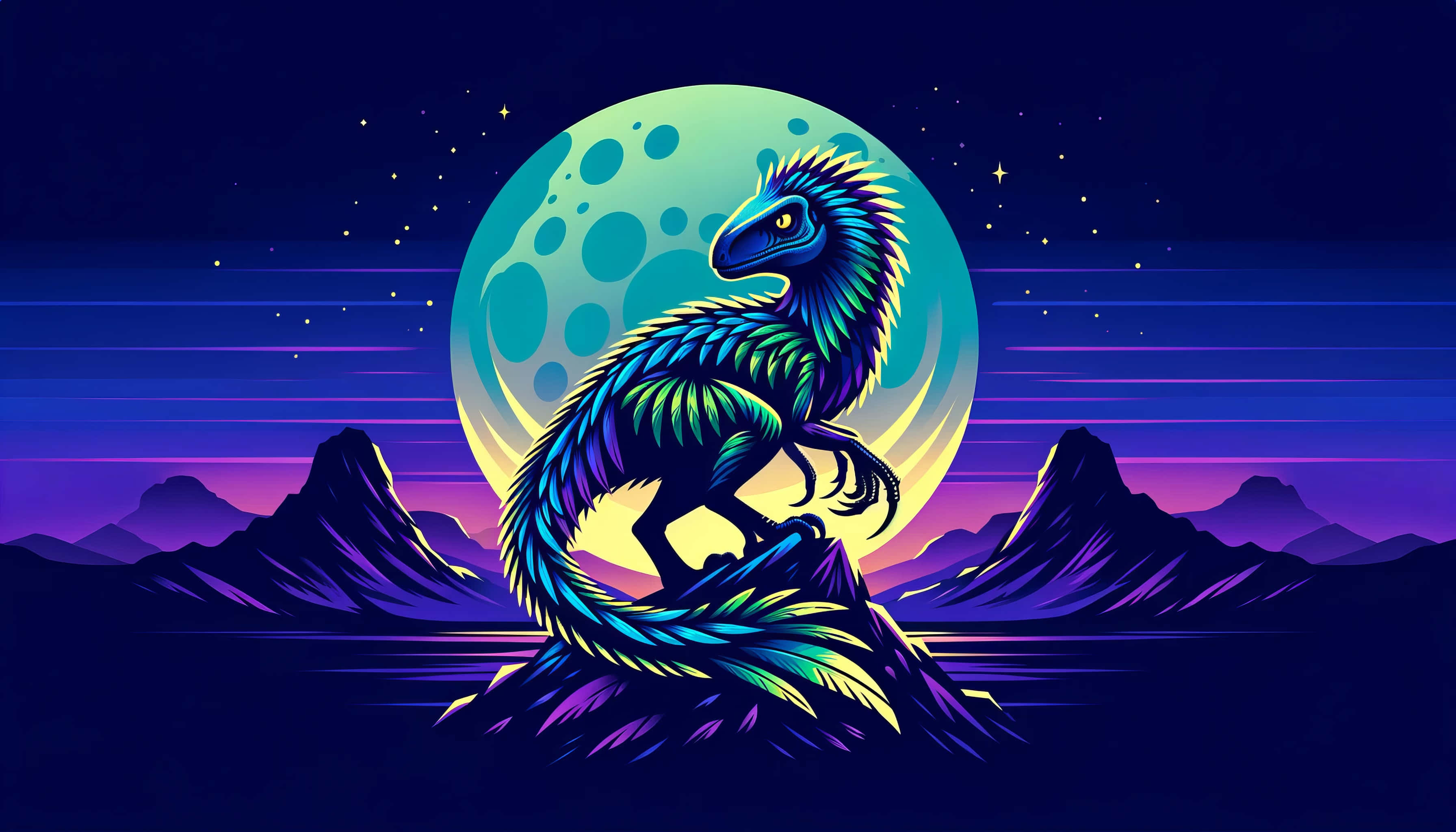 Blue Dinosaur, neon-colored, feathered dinosaur, 2K Desktop Wallpaper