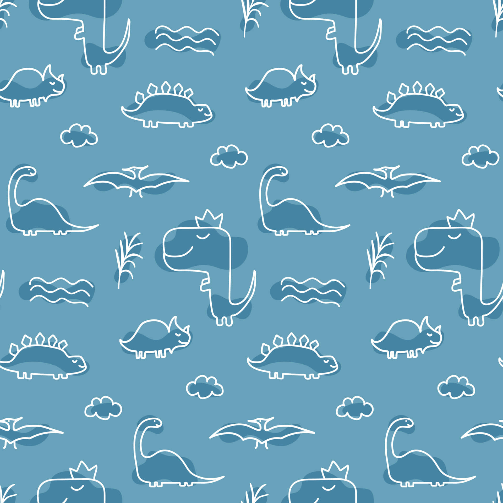 Blue Dinosaur, blue wallpaper pattern, white outlined cartoon dinosaurs, Full HD Desktop Wallpaper