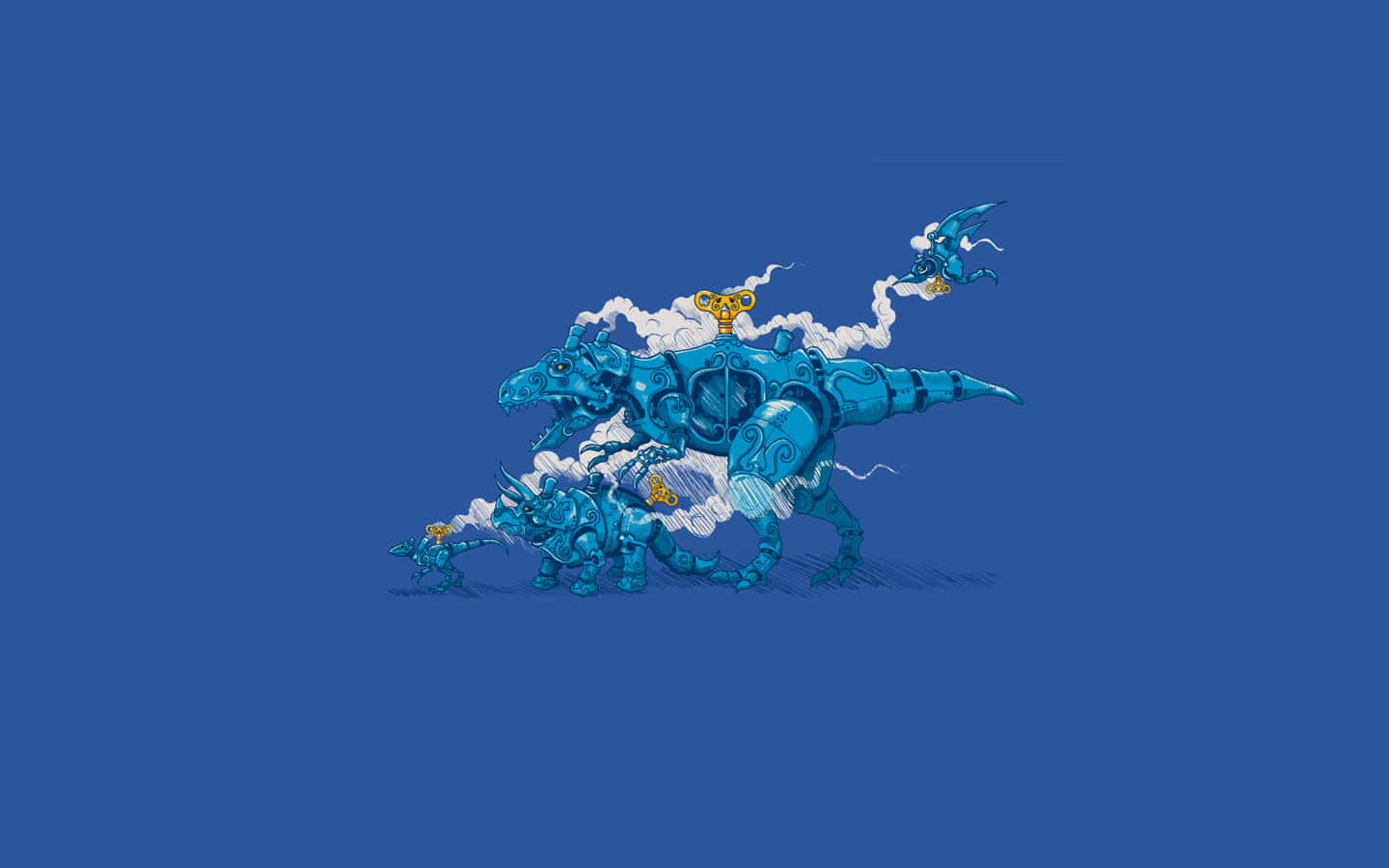 blue mechanical dinosaur, ornate gold accents, white smoke trails, HD Desktop Wallpaper