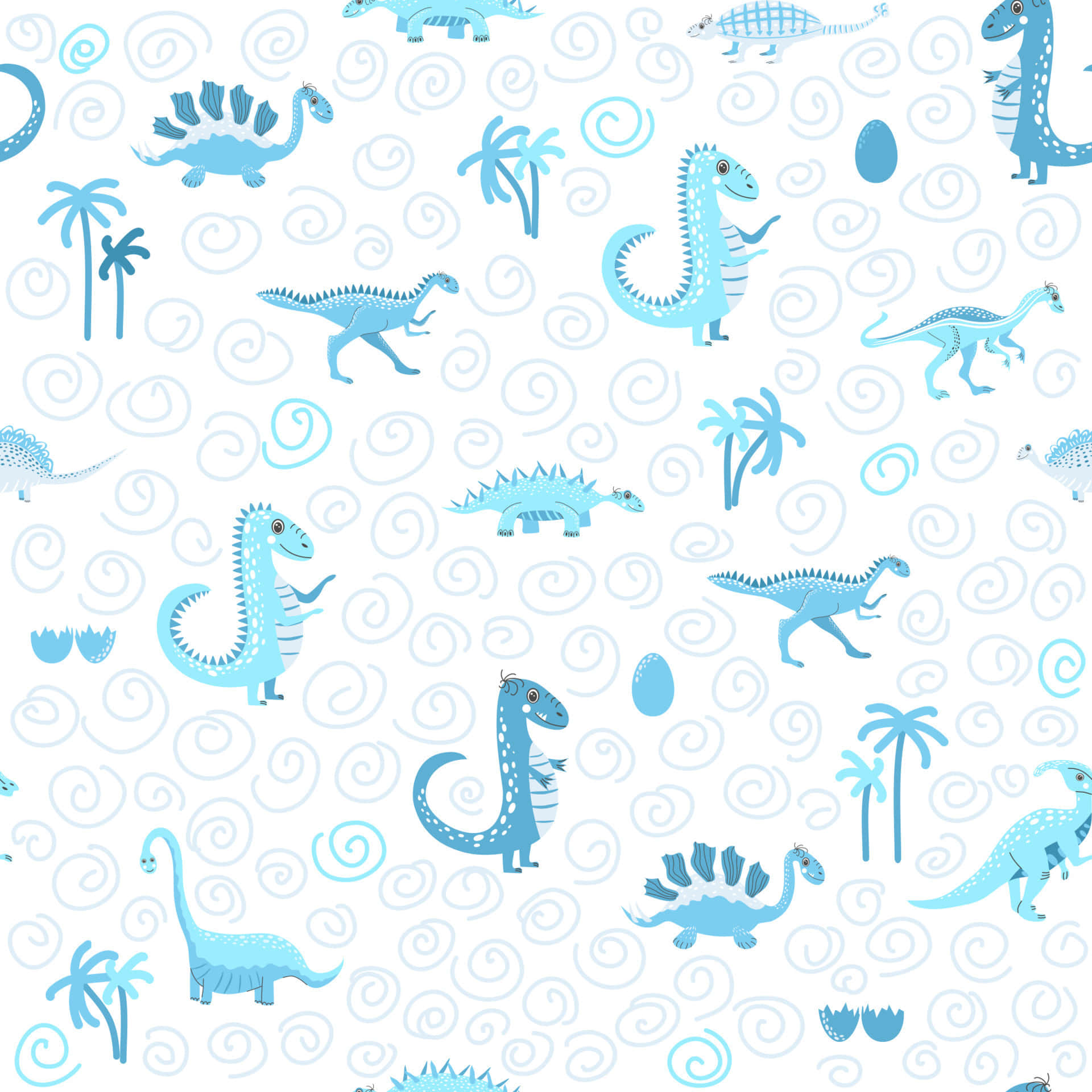 blue dinosaur, cartoon dinosaurs, palm trees, Full HD Desktop Wallpaper