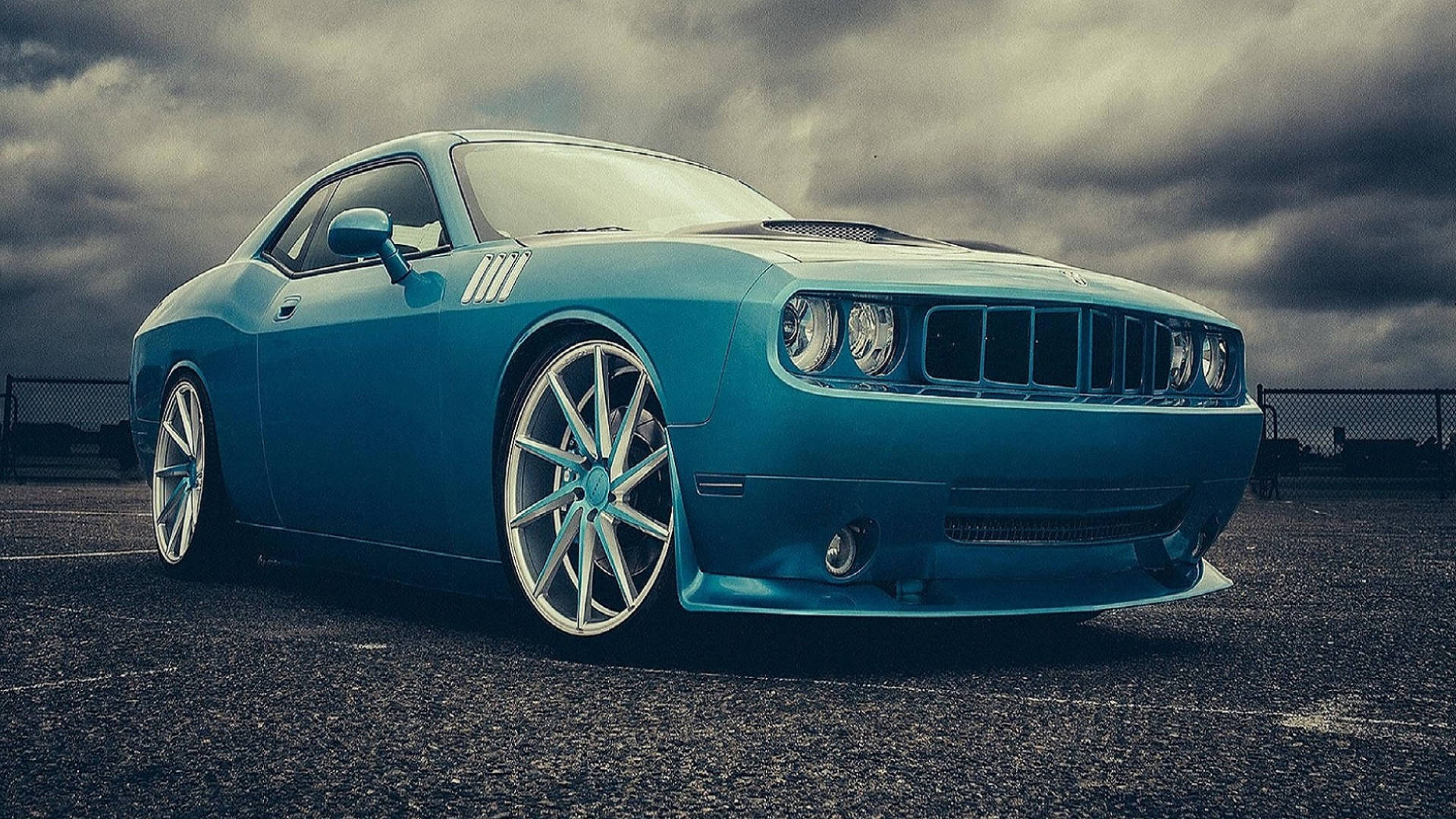 Blue Dodge Challenger, gray clouds, vibrant blue, Full HD Desktop Wallpaper