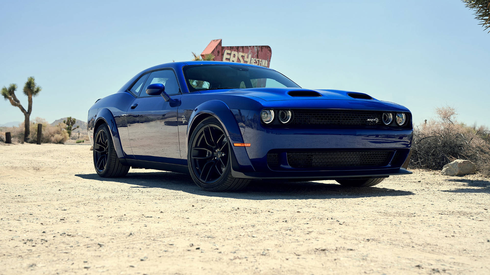 Blue Dodge Challenger, desert road, clear blue sky, Full HD Desktop Wallpaper