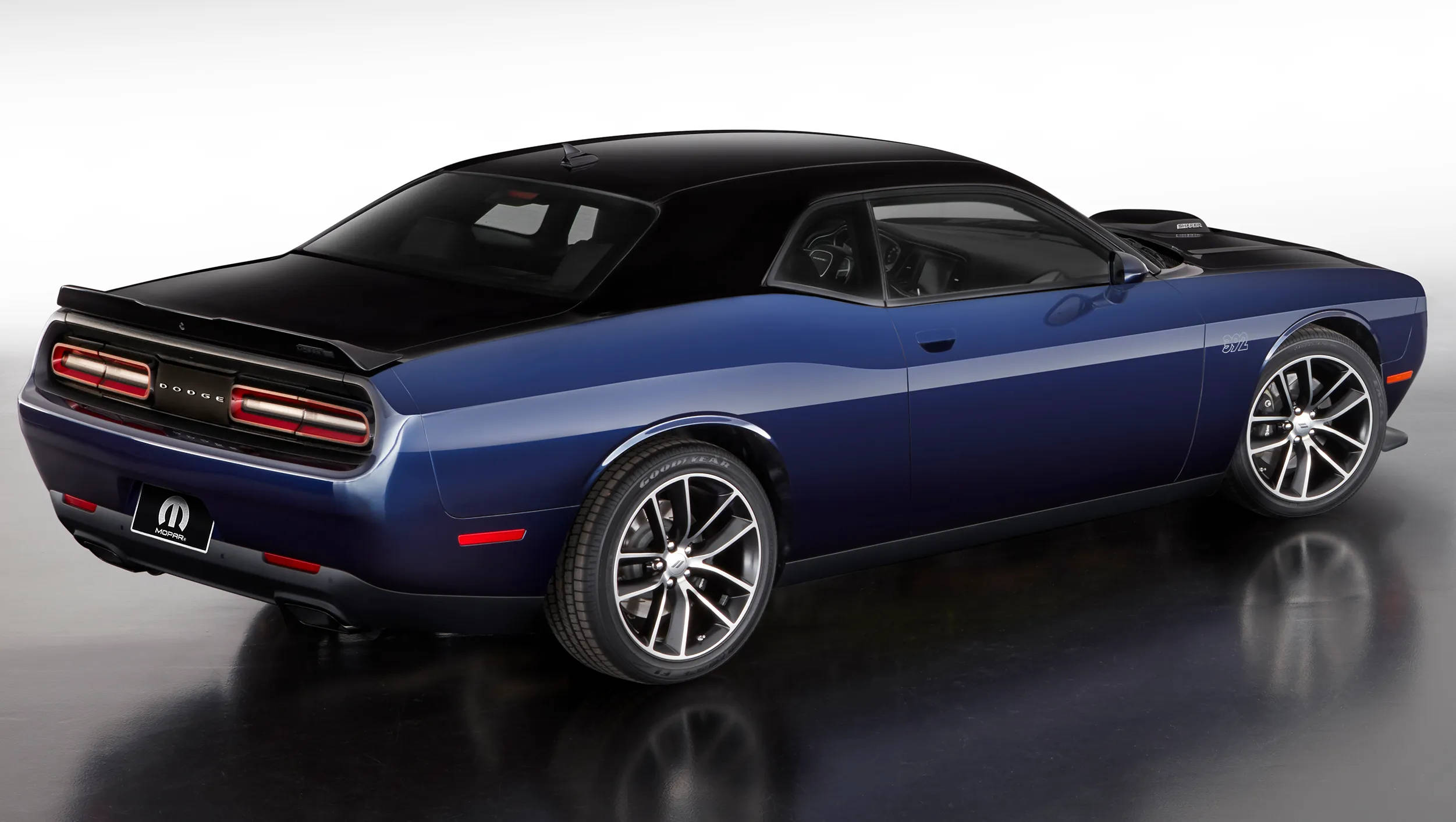 Blue Dodge Challenger, showroom, black roof, Full HD Desktop Wallpaper