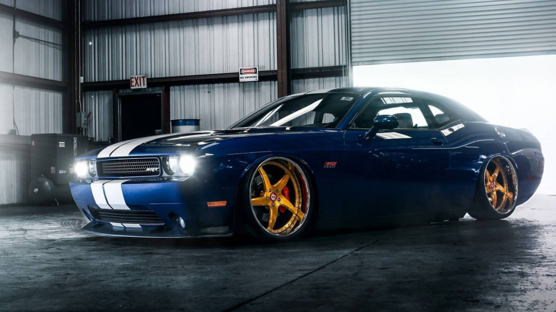 Blue Dodge Challenger, garage, gold rims, Full HD Desktop Wallpaper