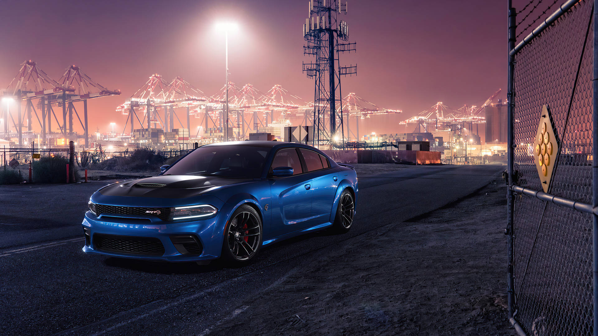 Blue Dodge Challenger, port, twilight, Full HD Desktop Wallpaper