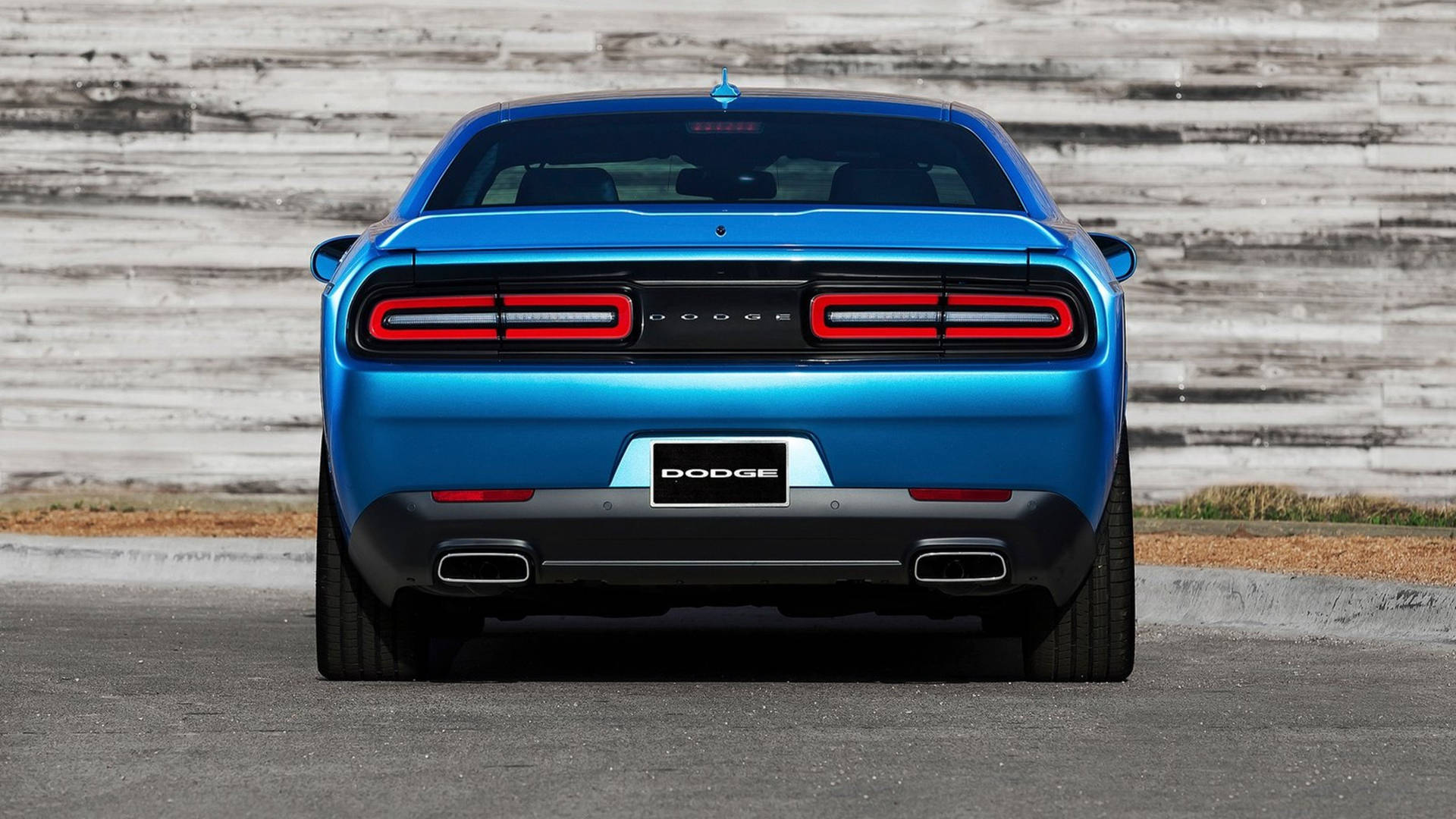 2015 blue Dodge Challenger, vibrant blue, weathered wooden wall, Full HD Desktop Wallpaper