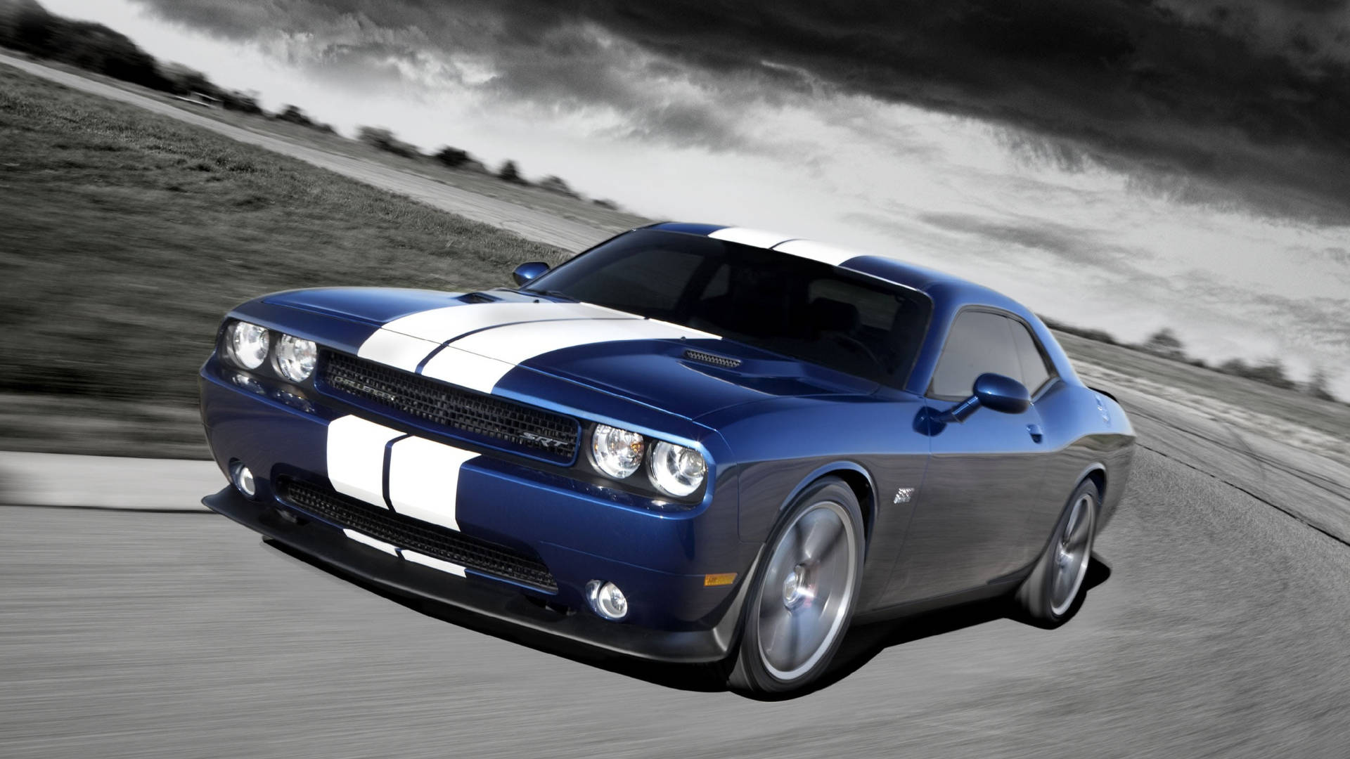 Blue Dodge Challenger, white racing stripes, stormy sky, Full HD Desktop Wallpaper