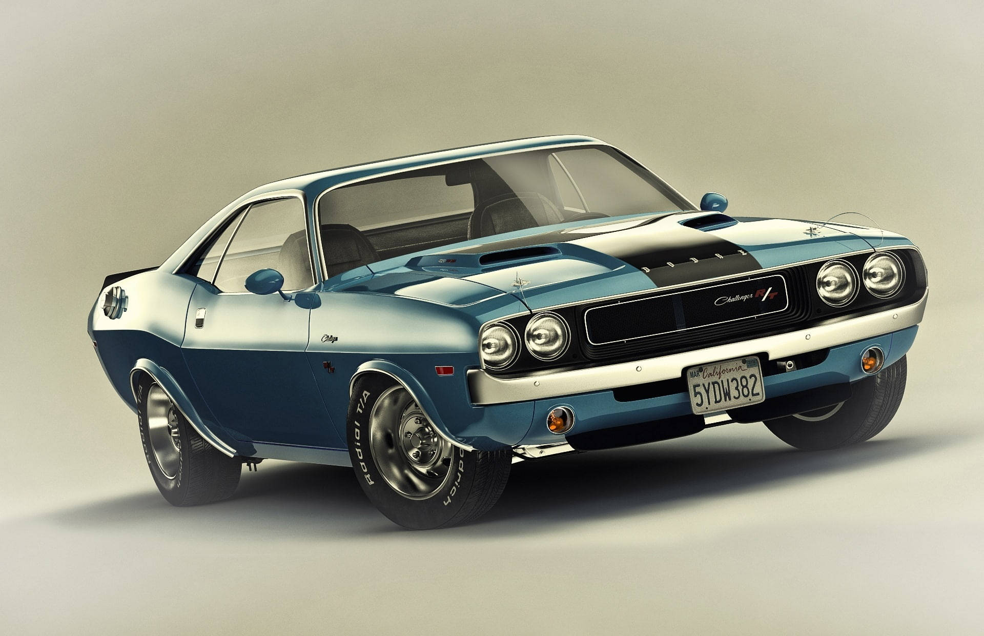 1970 Dodge Challenger R/T, blue and white, black hood stripes, Full HD Desktop Wallpaper