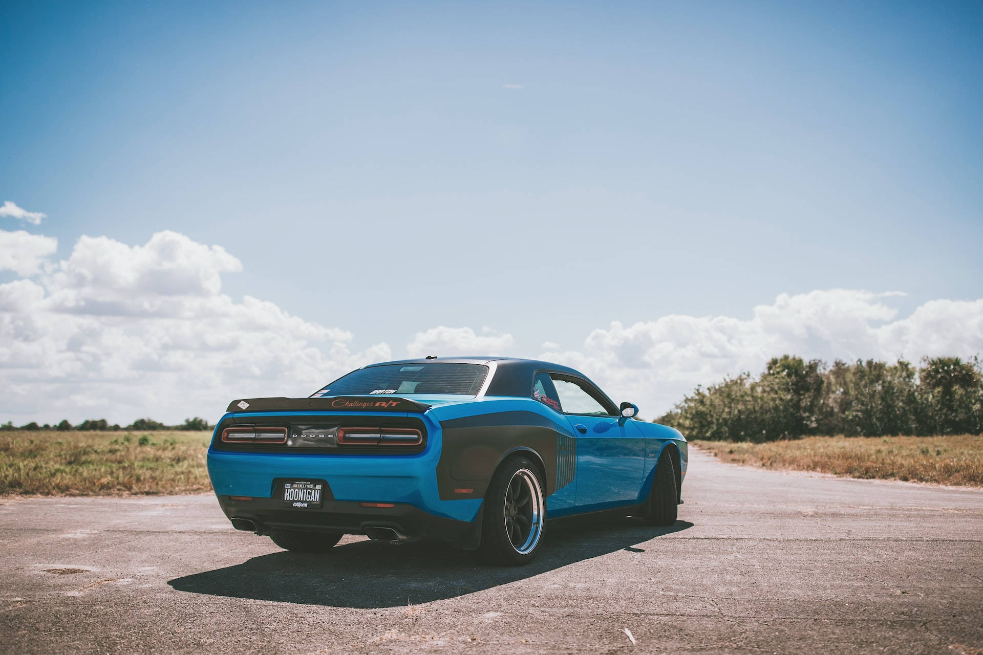 Blue Dodge Challenger, paved road, bright sky, Full HD Desktop Wallpaper