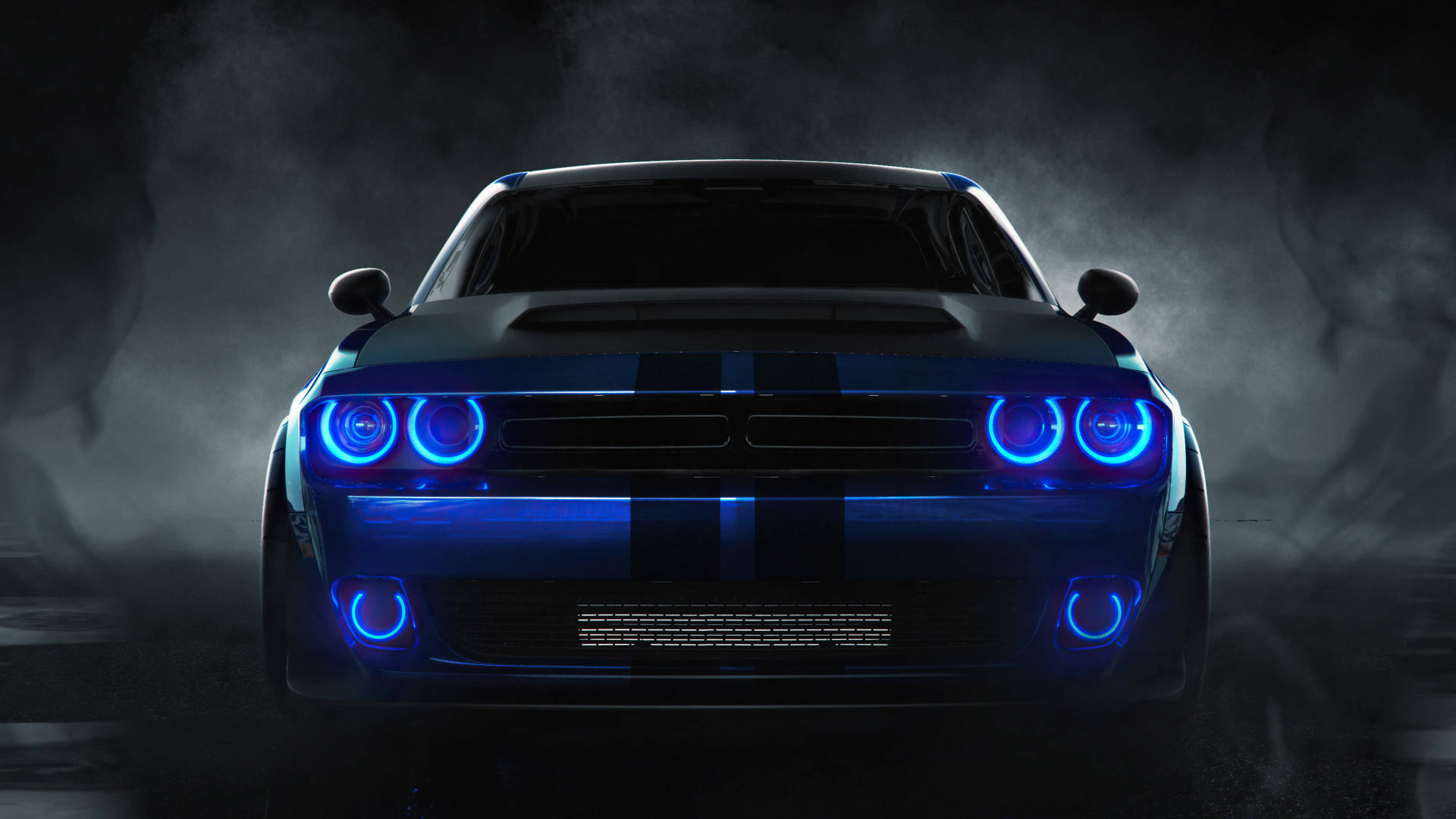 2018 Blue Dodge Challenger, glowing blue circular headlights, dual stripes, Full HD Desktop Wallpaper