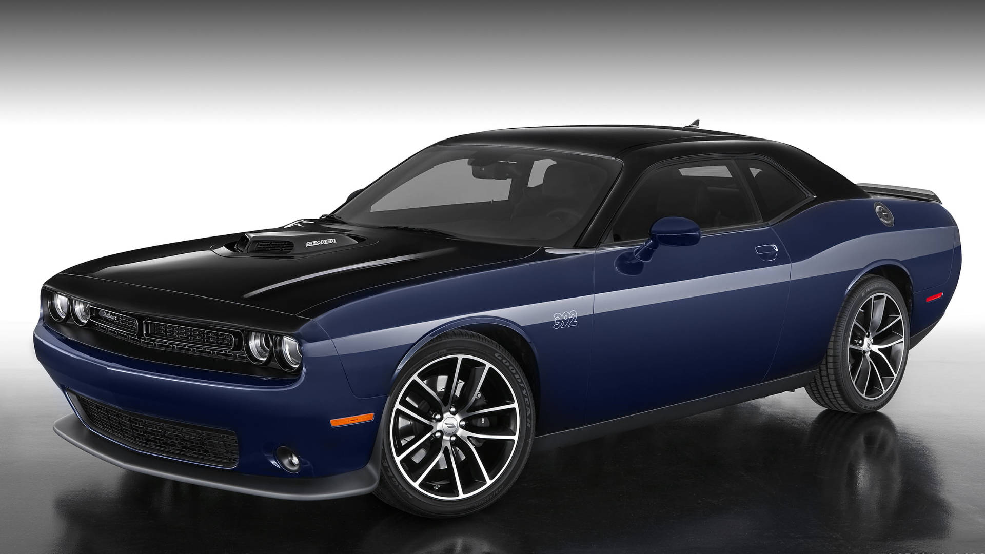blue Dodge Challenger, silver rims, reflective studio floor, Full HD Desktop Wallpaper
