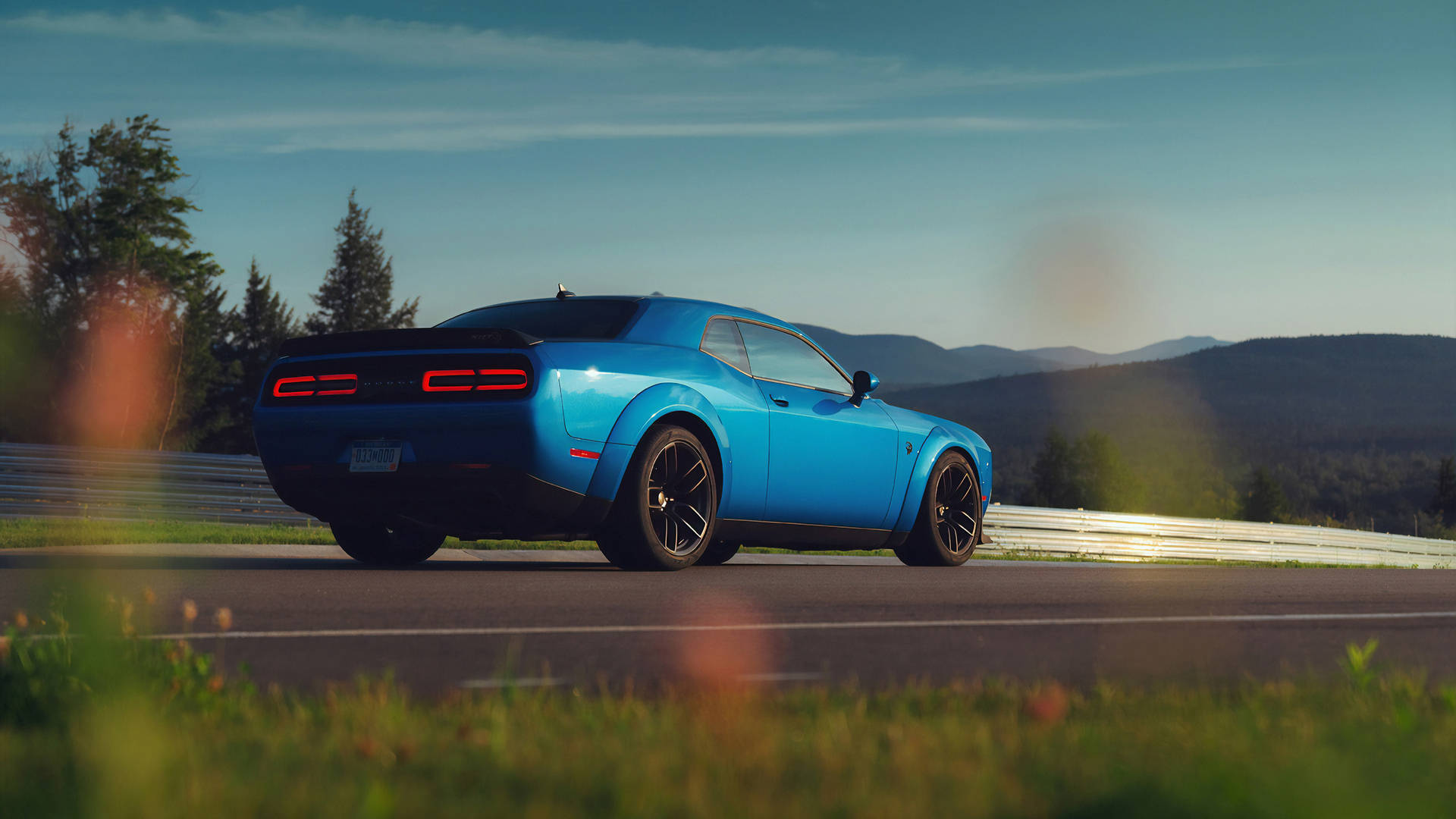 Blue Dodge Challenger, winding mountain road, sunset, Full HD Desktop Wallpaper