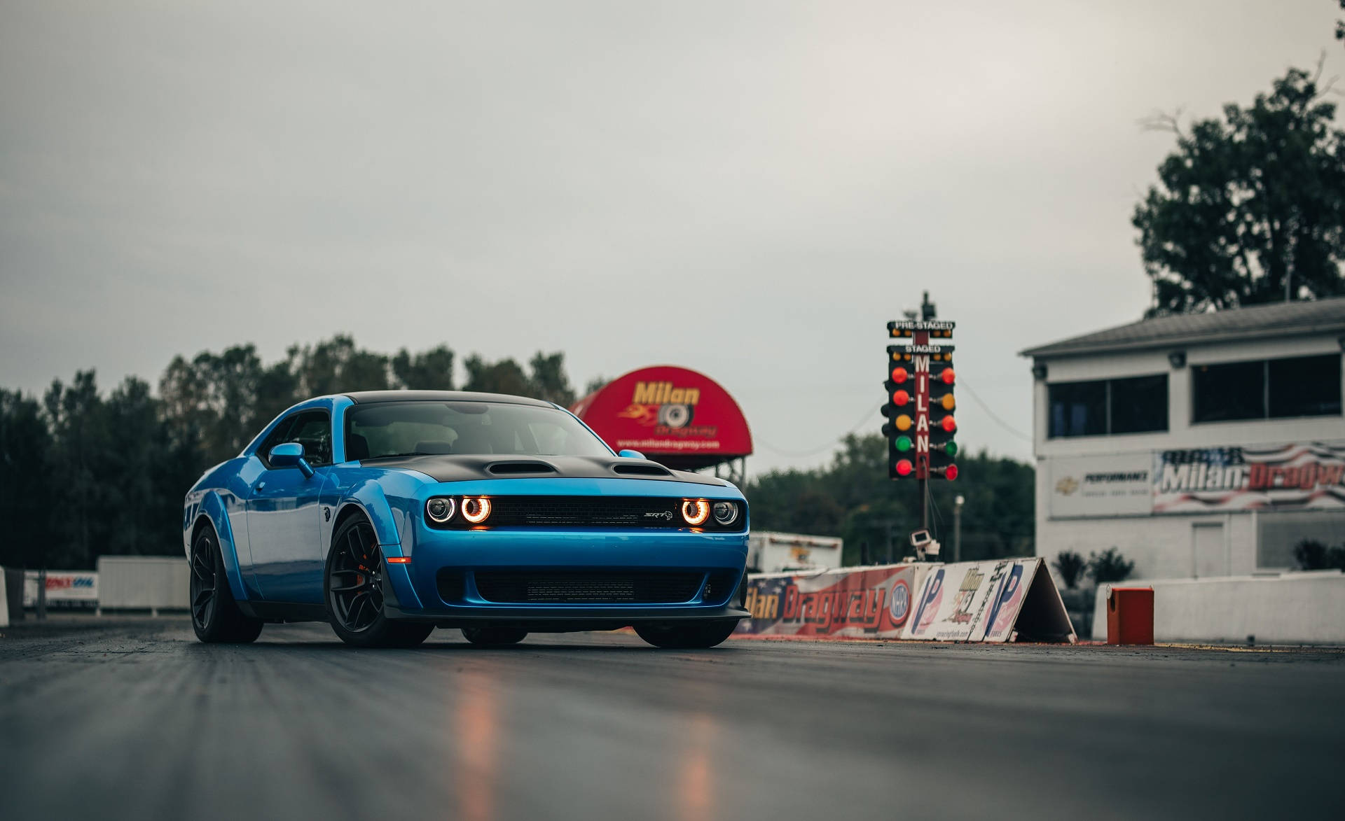 Blue Dodge Challenger, drag strip, overcast sky, Full HD Desktop Wallpaper