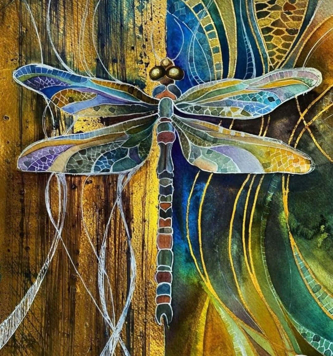 Blue Dragonfly, stained glass wings, golden and teal abstract background, SD Phone Wallpaper