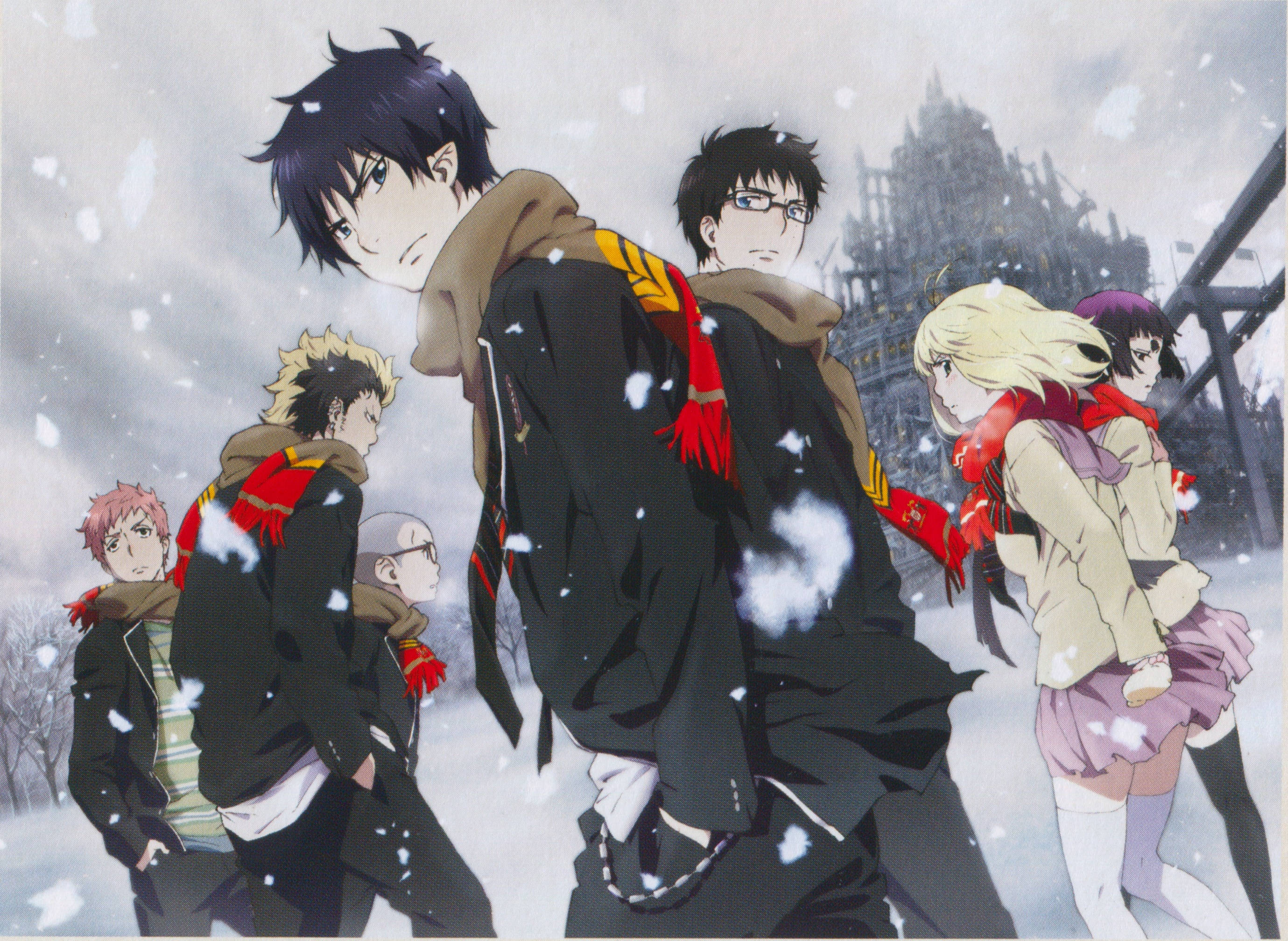 Blue Exorcist, snowy cityscape, gothic castle, 2K Desktop Wallpaper