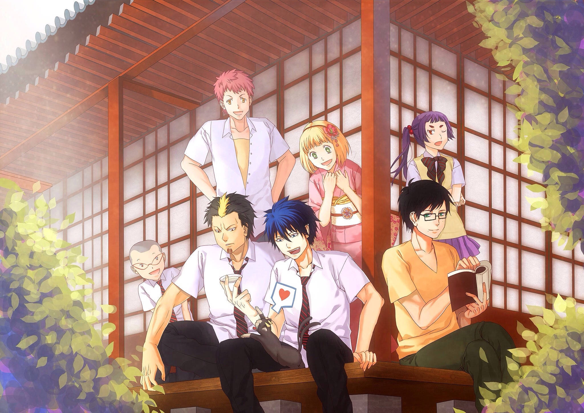 Blue Exorcist, class photo, wooden veranda, Full HD Desktop Wallpaper