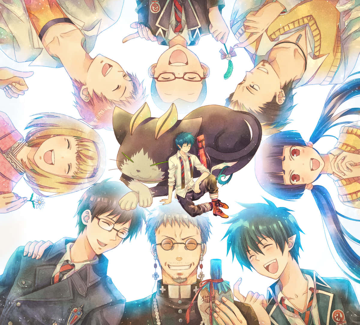 Blue Exorcist, characters circle, boy with a cat and a bottle, SD Desktop Wallpaper