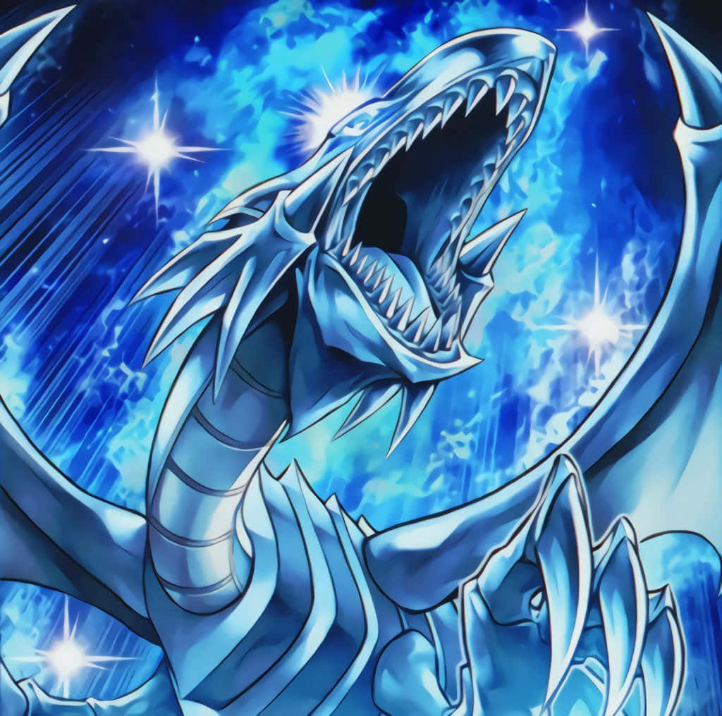 Blue Eyes White Dragon, cosmic blue background, glowing stars, SD Desktop Wallpaper