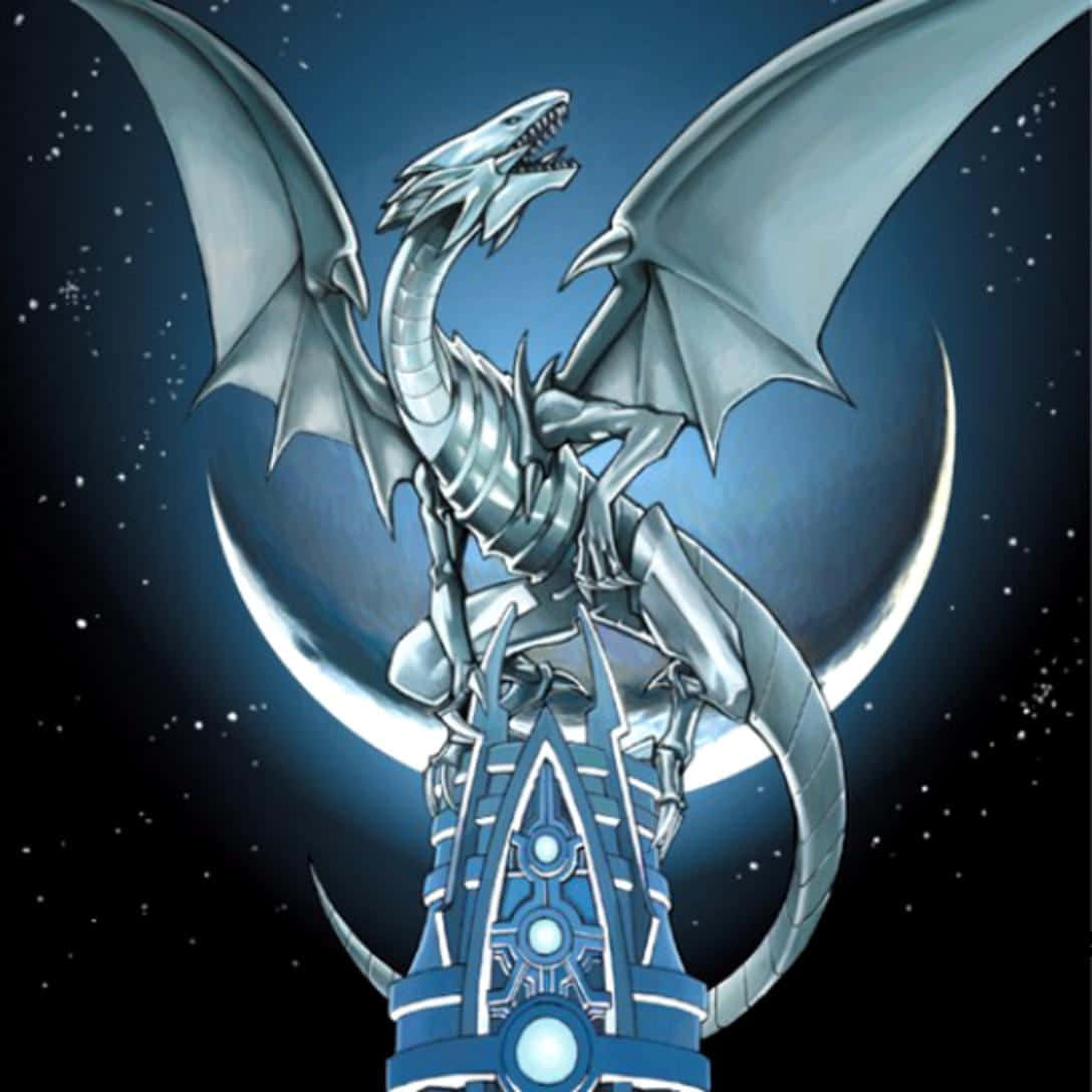 blue eyes white dragon, silver dragon, glowing blue tower, SD Desktop Wallpaper