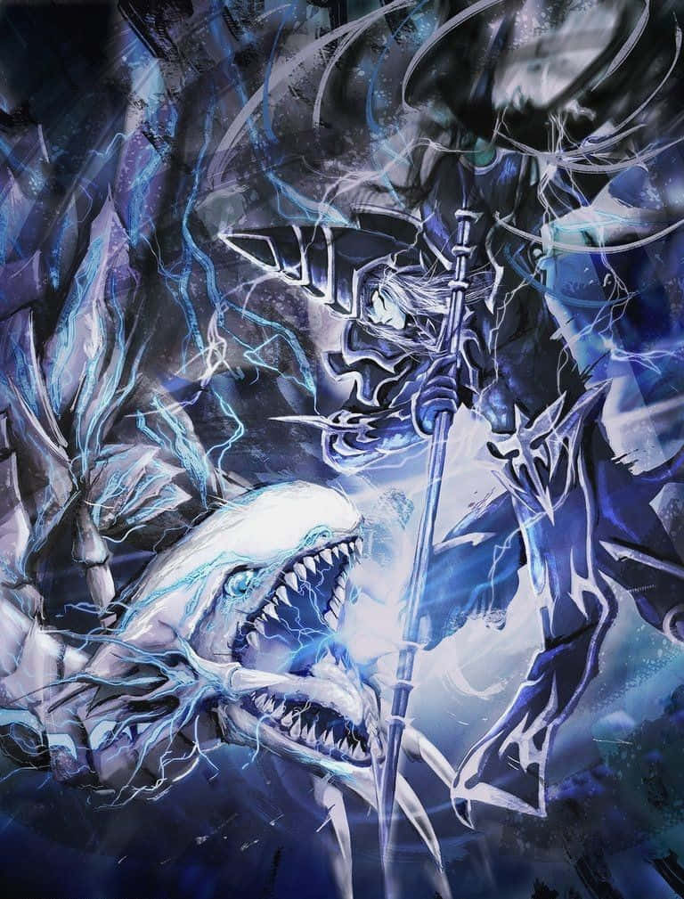 Blue Eyes White Dragon, glowing blue lightning, stormy battle, SD Phone Wallpaper