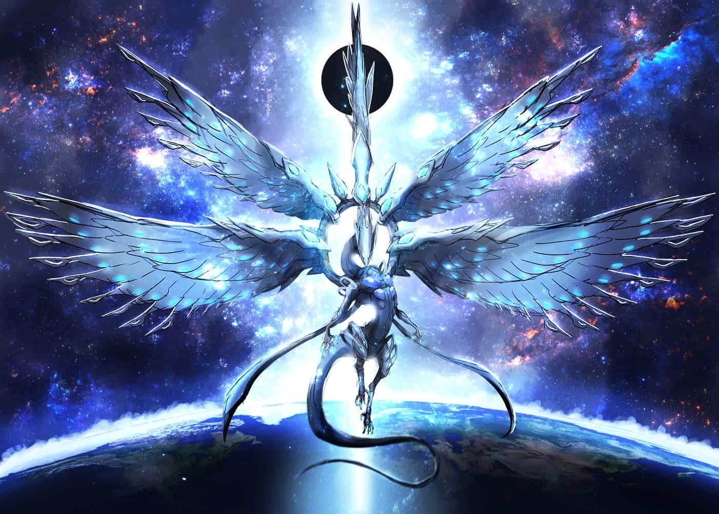 Blue Eyes White Dragon, crystalline dragon, glowing blue wings, HD Desktop Wallpaper