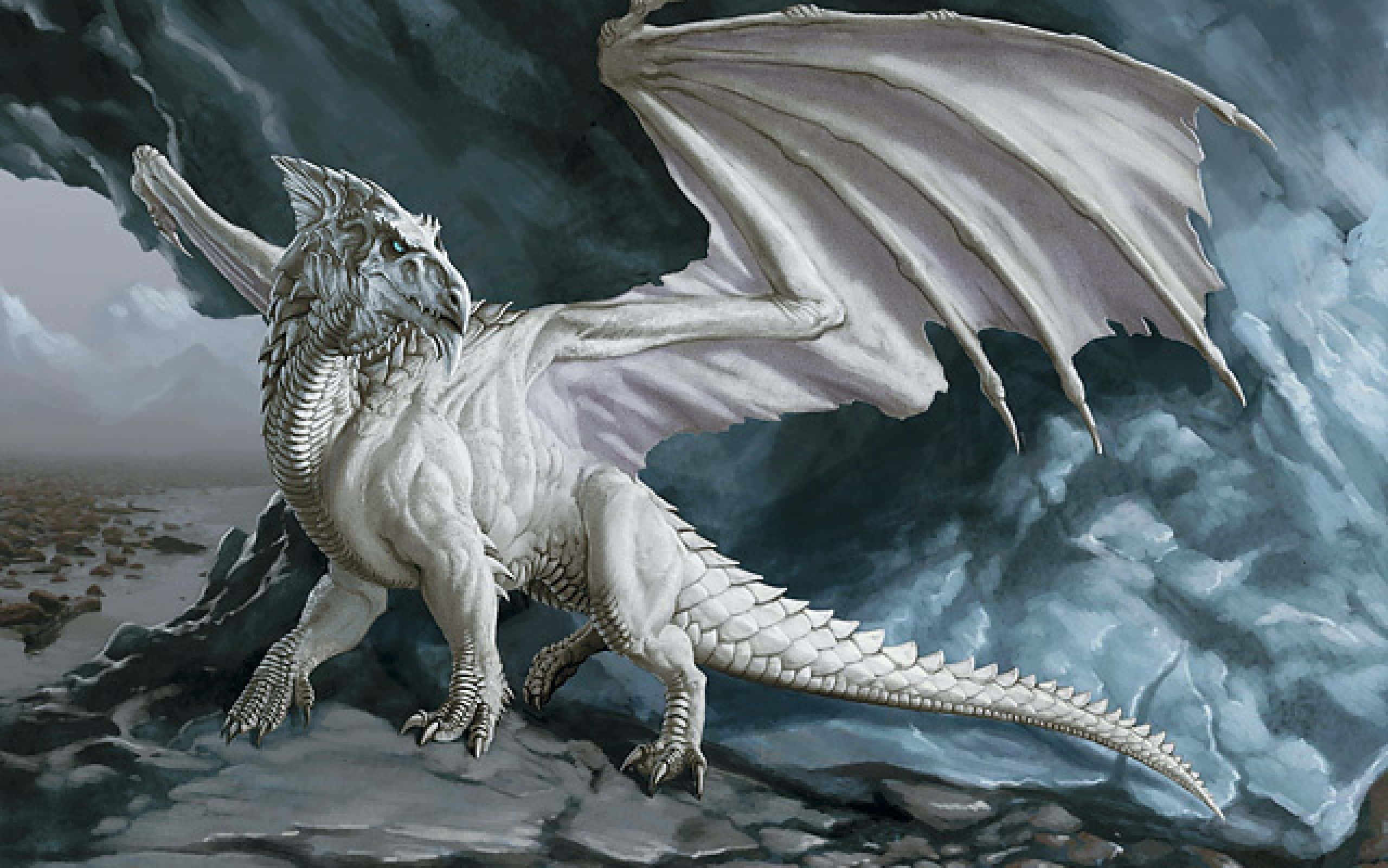 Blue Eyes White Dragon, white dragon, rocky cliff, 2K Desktop Wallpaper