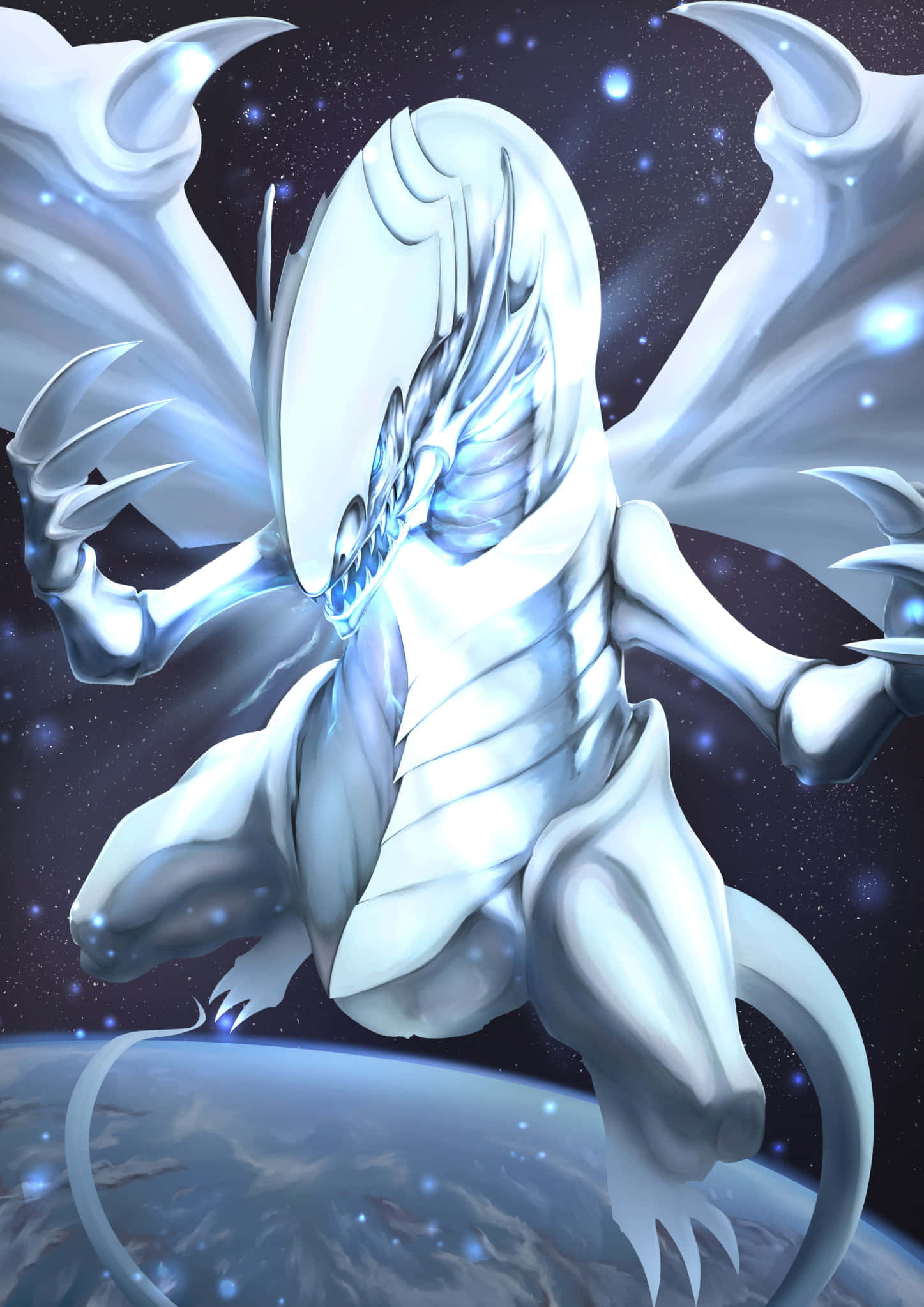 Blue Eyes White Dragon, white dragon, glowing blue accents, Full HD Phone Wallpaper