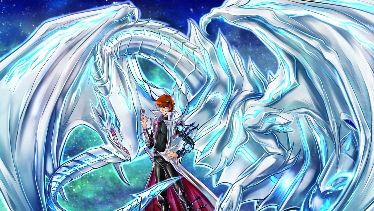 Blue Eyes White Dragon, anime warrior, glowing blue and white dragon, HD Desktop Wallpaper