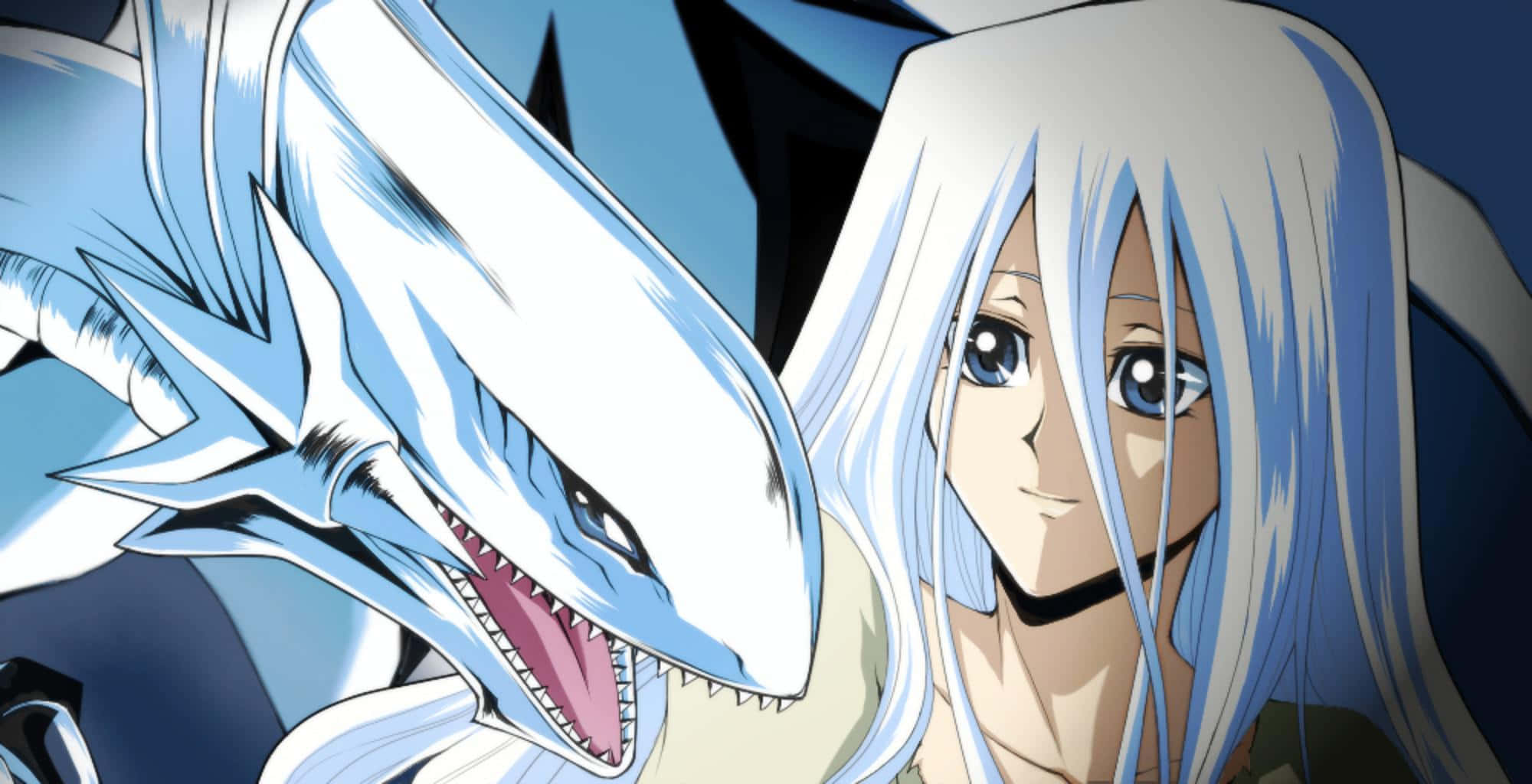 Blue Eyes White Dragon, white-haired anime girl, white dragon, Full HD Desktop Wallpaper