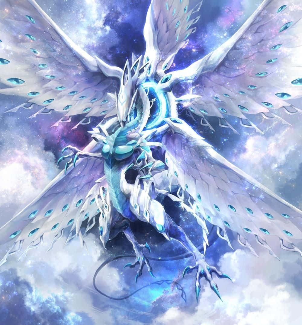 Blue Eyes White Dragon, peacock feather wings, glowing blue eyes, SD Phone Wallpaper