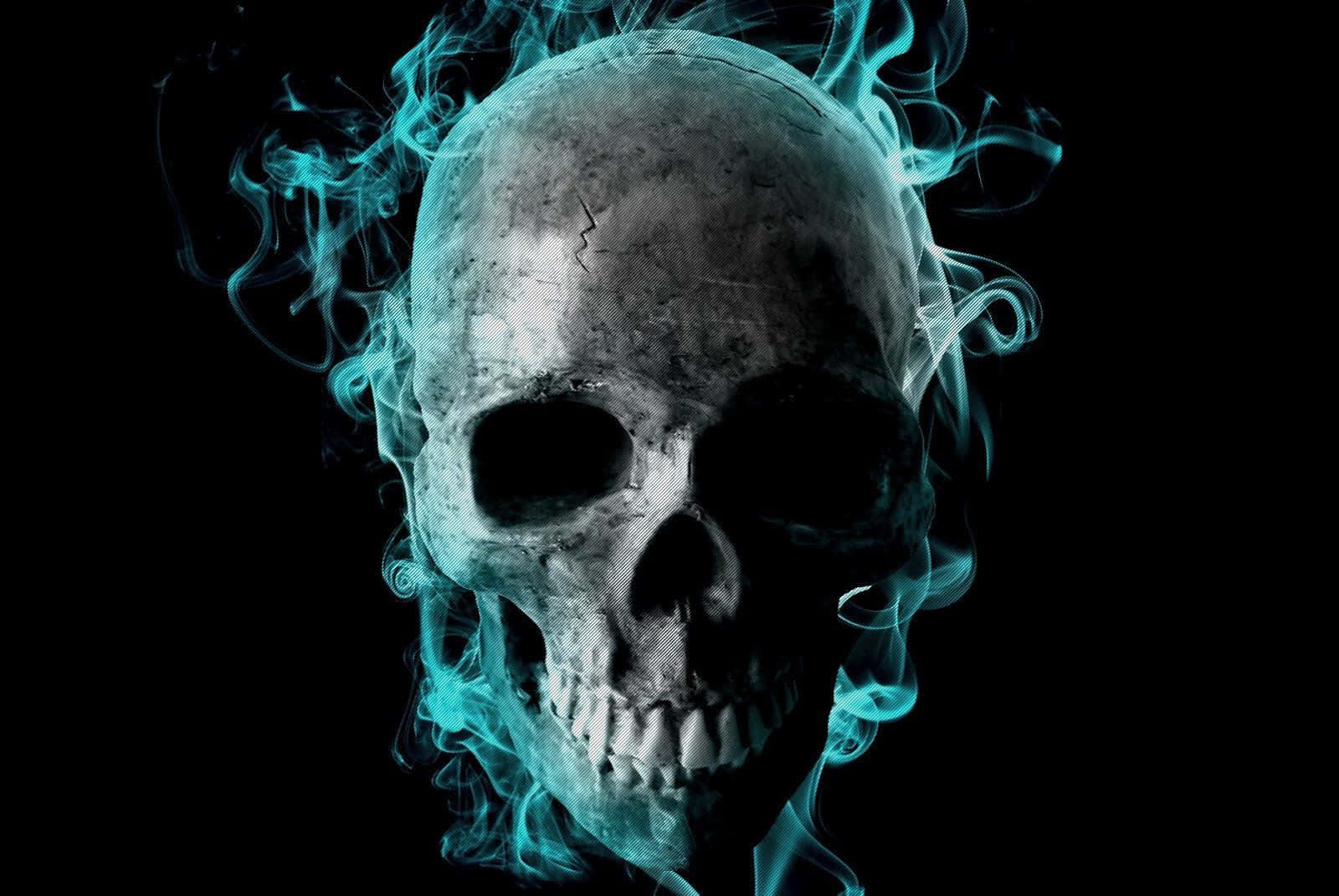 blue skull head, glowing, swirling cyan smoke, HD Desktop Wallpaper
