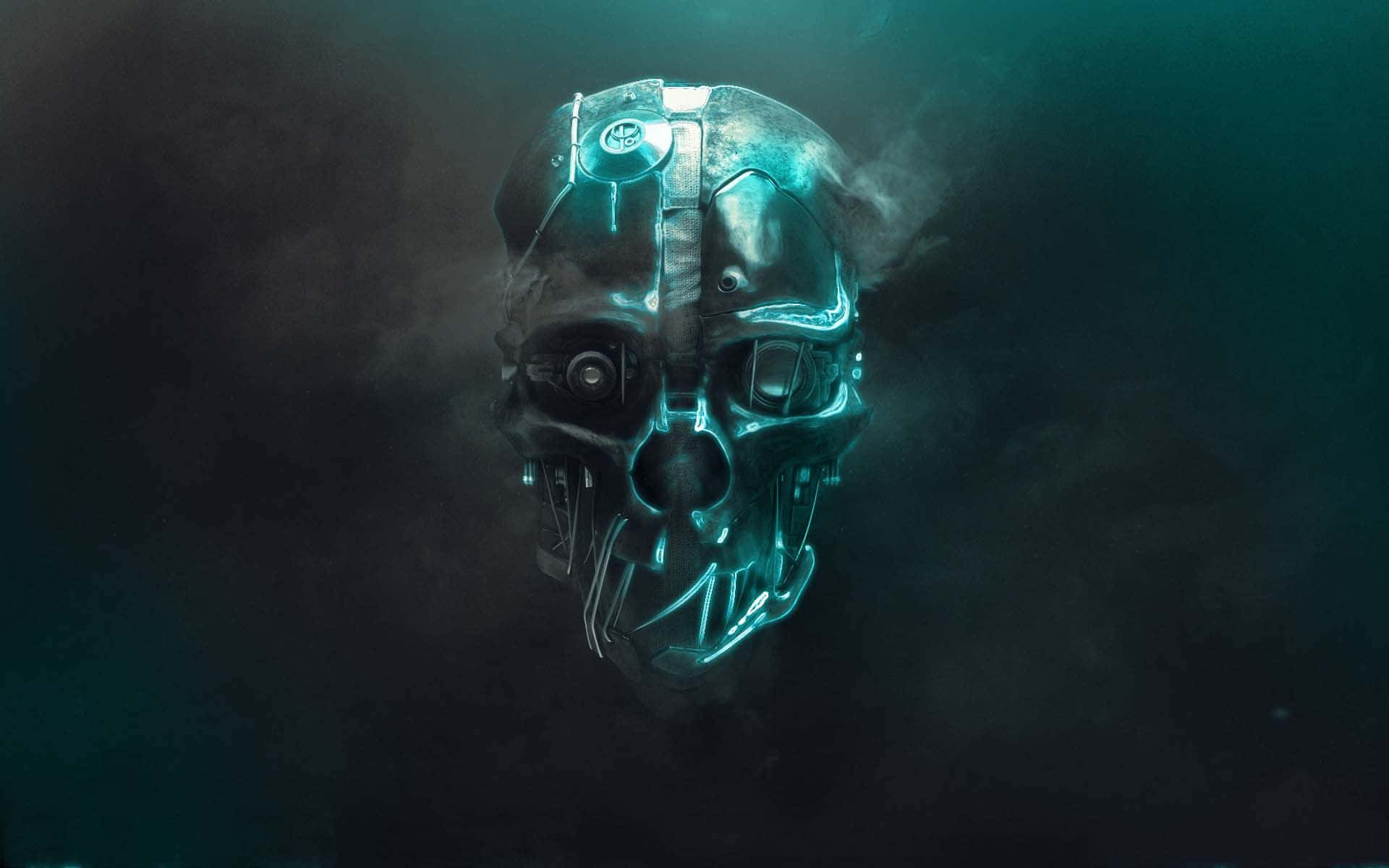 cybernetic skull, blue neon circuits, dark misty water, Full HD Desktop Wallpaper