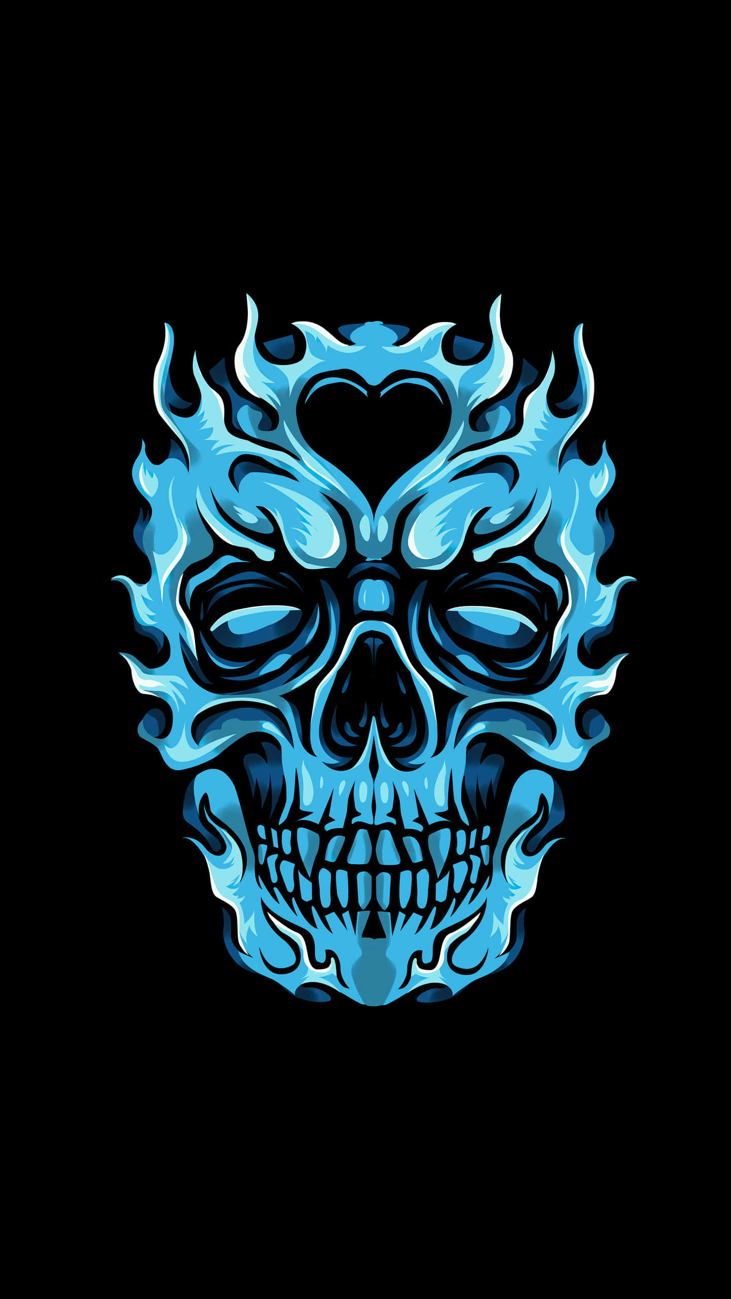 Blue Fire Skull, glowing blue flaming skull, heart-shaped center, 2K Phone Wallpaper