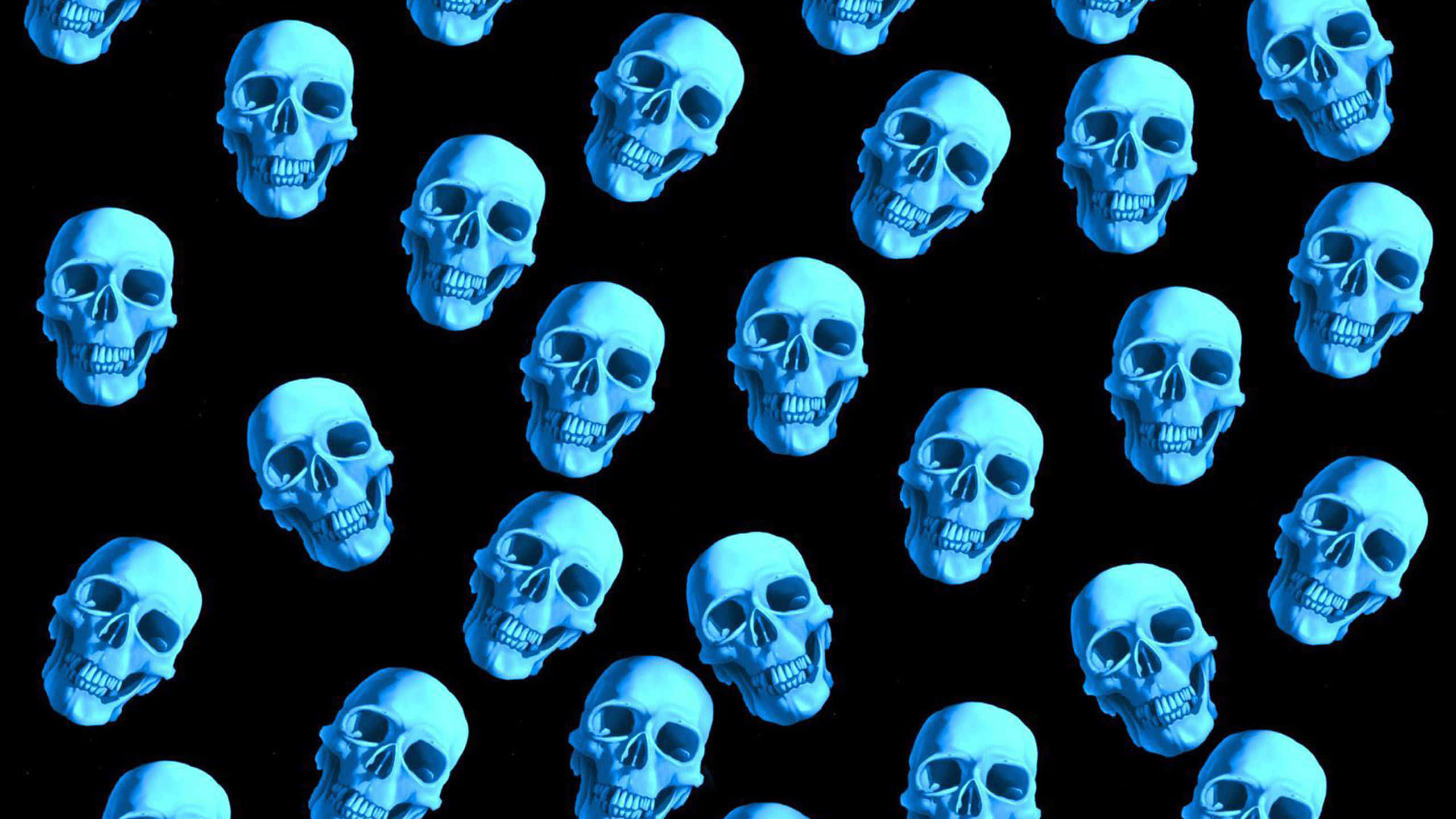 Blue Fire Skull, glowing blue skulls, stark black background, 2K Desktop Wallpaper