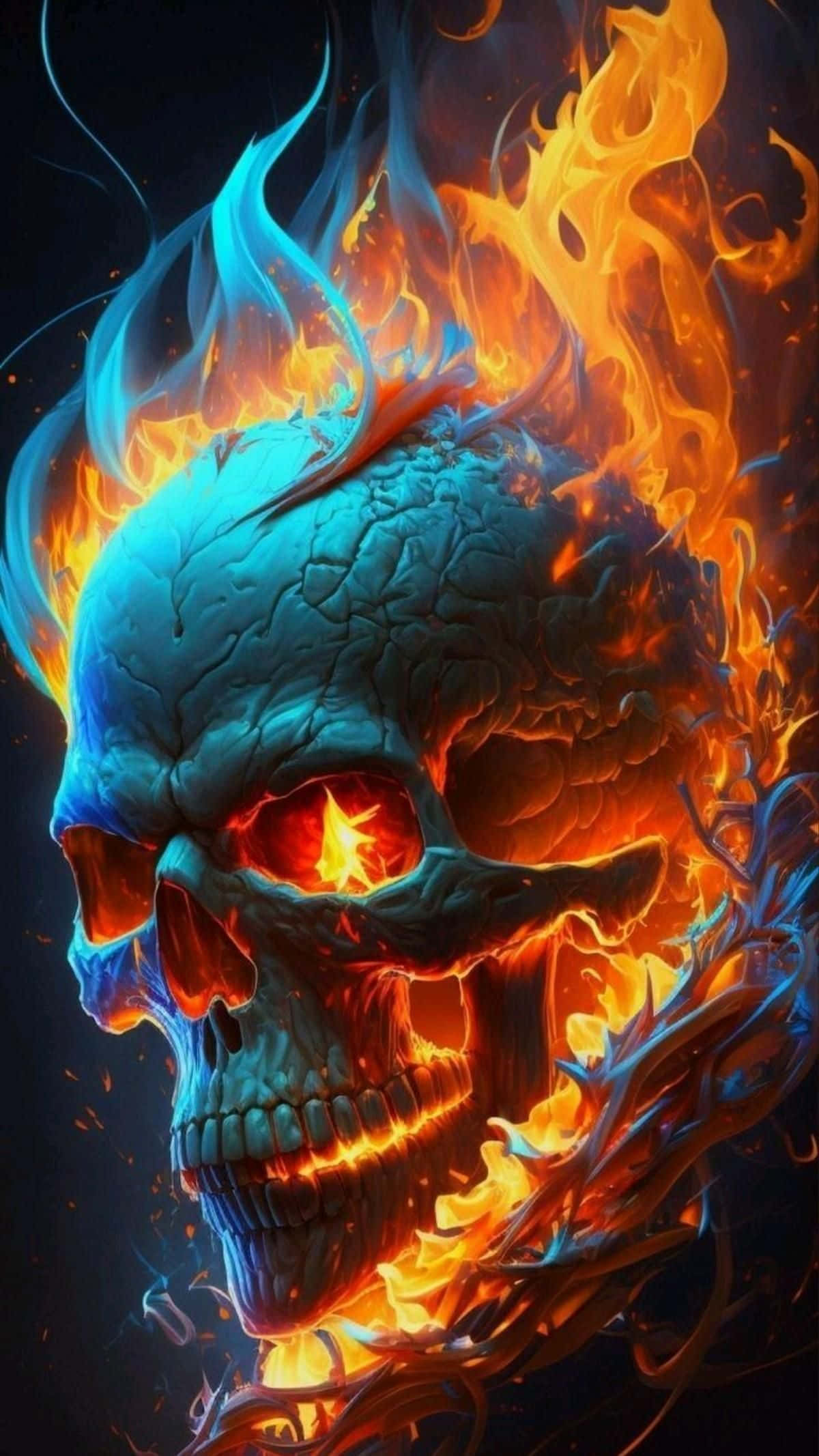 Blue and Orange Fire Skull, glowing red eyes, crackling blue and orange flames, Full HD Phone Wallpaper