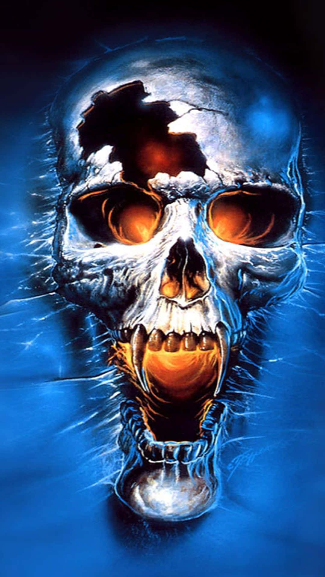 Blue Fire Skull, metallic skull, glowing orange eyes, Full HD Phone Wallpaper
