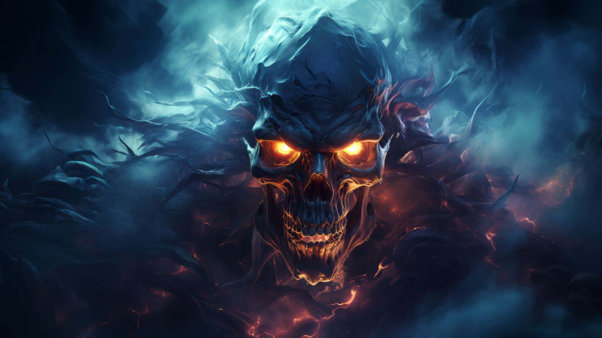Blue Fire Skull, glowing orange eyes, swirling dark blue and red smoke, Full HD Desktop Wallpaper