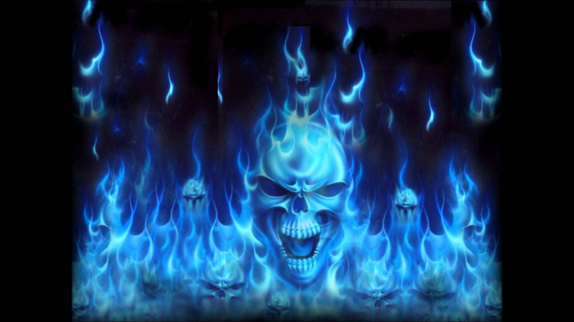Blue Fire Skull, glowing blue flaming skull, sharp teeth, Full HD Desktop Wallpaper