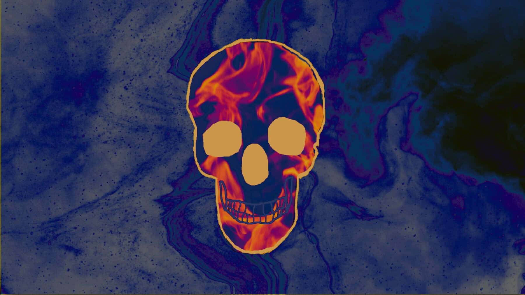 Blue Fire Skull, fiery orange skull, glowing yellow eye sockets, HD Desktop Wallpaper