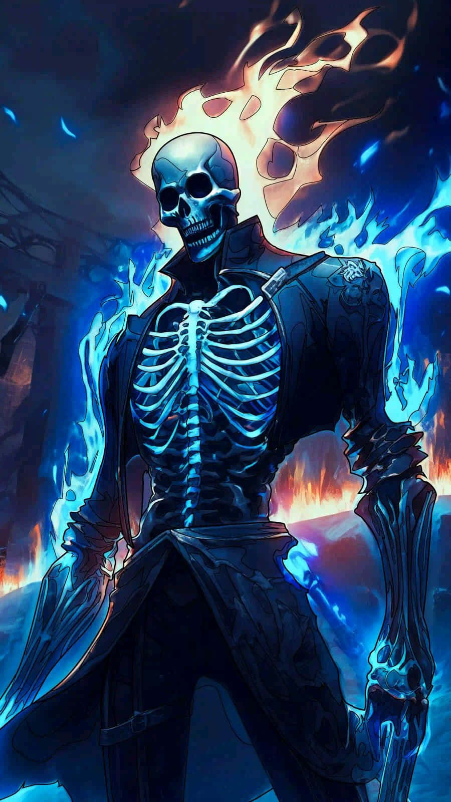 Blue Fire Skull, skeletal warrior, dark coat, HD Phone Wallpaper