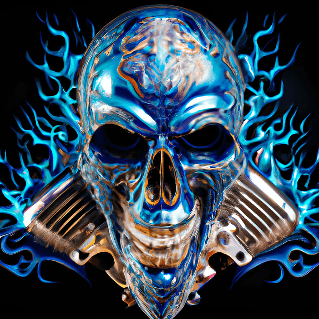 Blue Fire Skull, chrome blue, engine parts, SD Desktop Wallpaper
