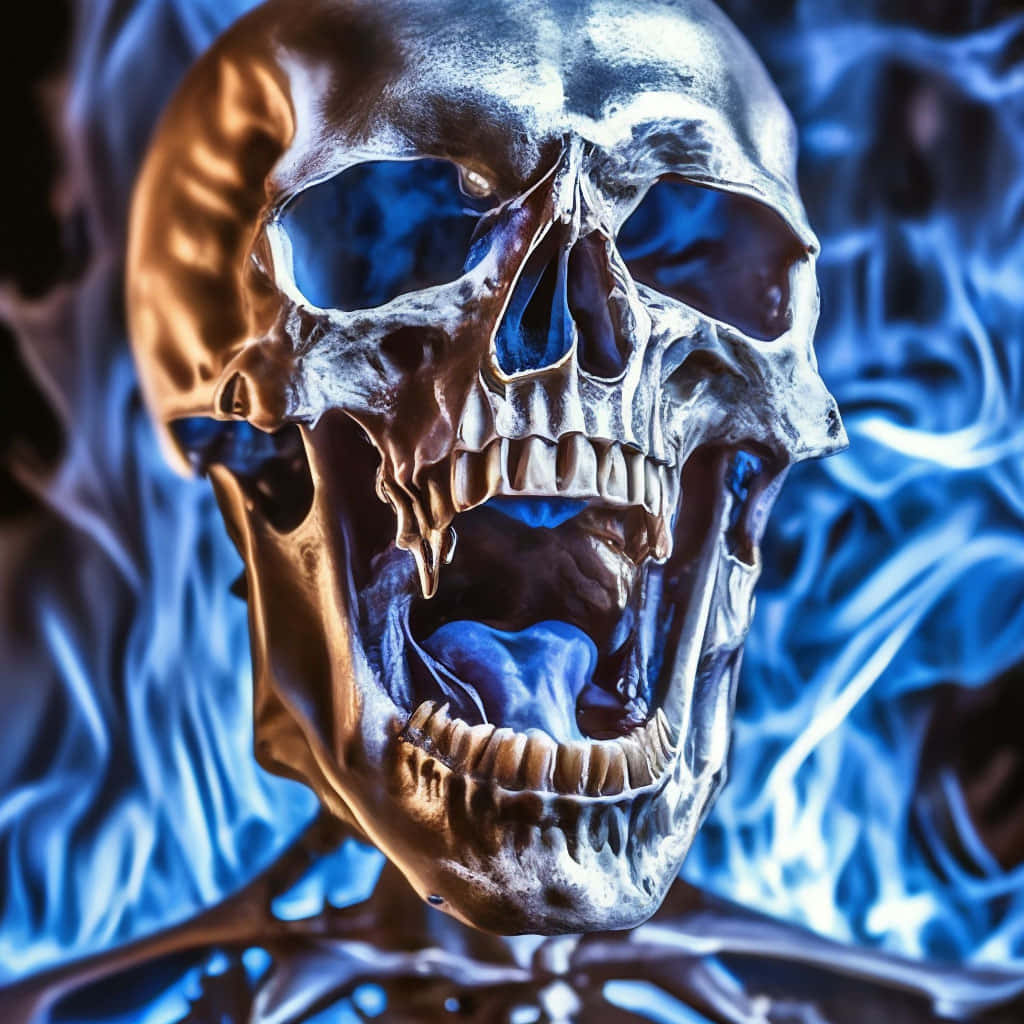 Blue Fire Skull, metallic skull, glowing blue flames, SD Desktop Wallpaper