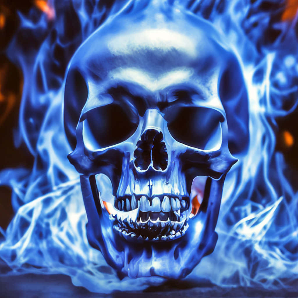 Blue Fire Skull, metallic blue, glowing eyes, SD Desktop Wallpaper