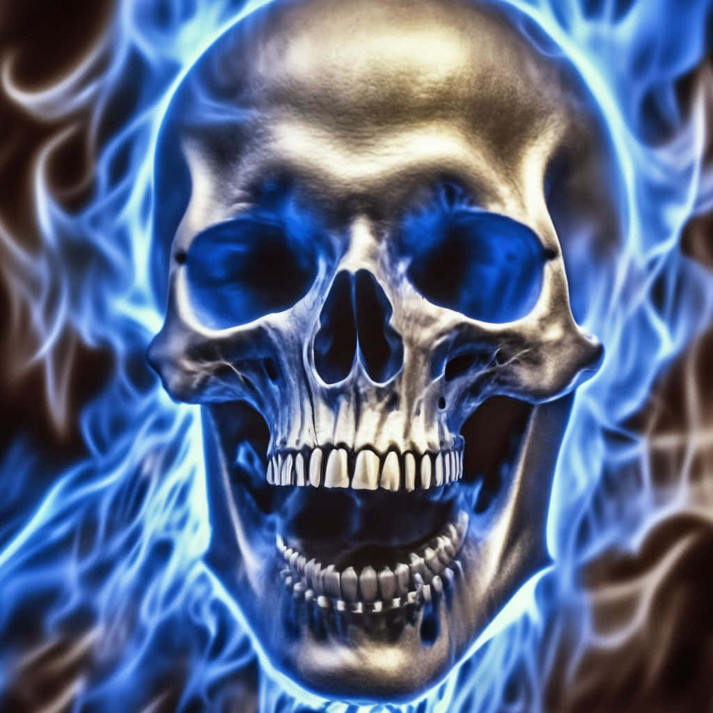 Blue Fire Skull, metallic skull, glowing blue flames, SD Desktop Wallpaper
