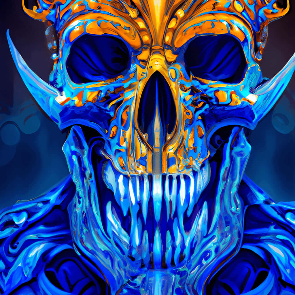 Blue Fire Skull, glowing blue, gold liquid-metal textures, SD Desktop Wallpaper