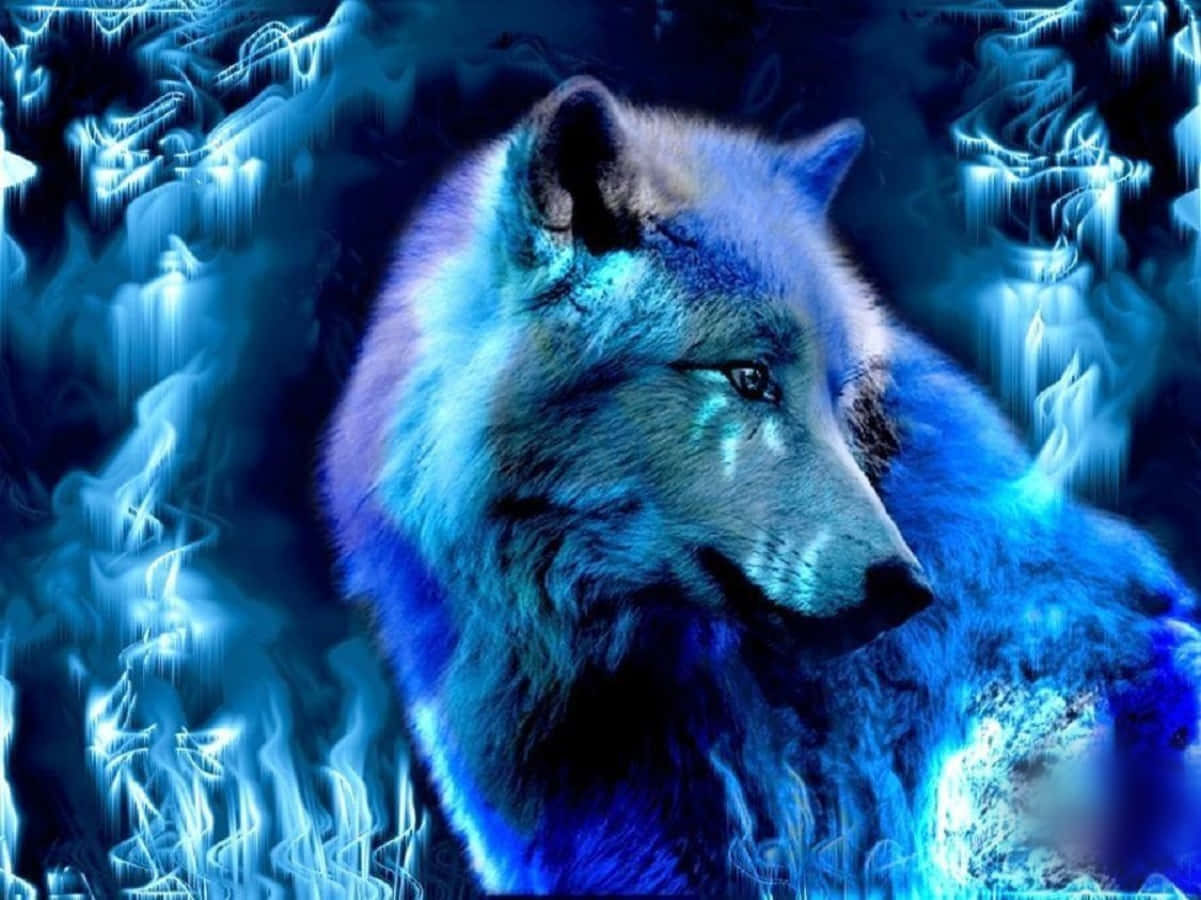 Blue Fire Wolf, electric blue energy, swirling cosmic background, SD Desktop Wallpaper